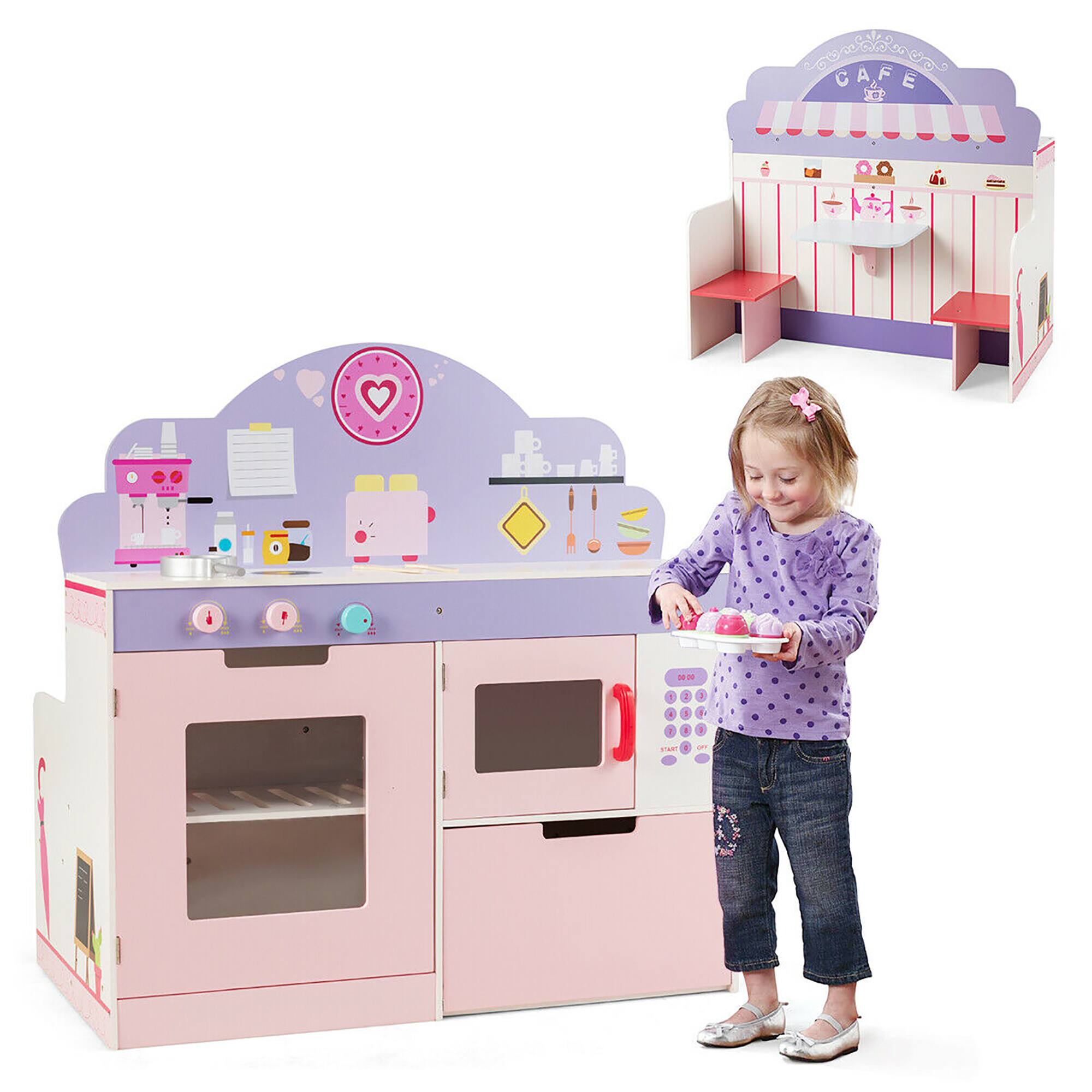 Costway in Kids Play Kitchen Cafe Restaurant Wooden Pretend