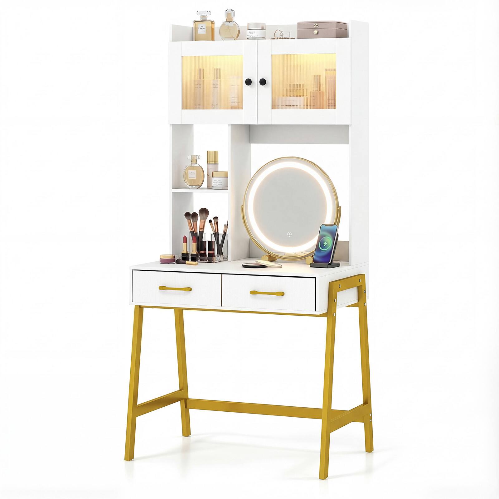 Alt View 1. Costway - Costway Vanity Desk with Rotatable Mirror and Lights, Dressing Table with 3 Light Colors - White.