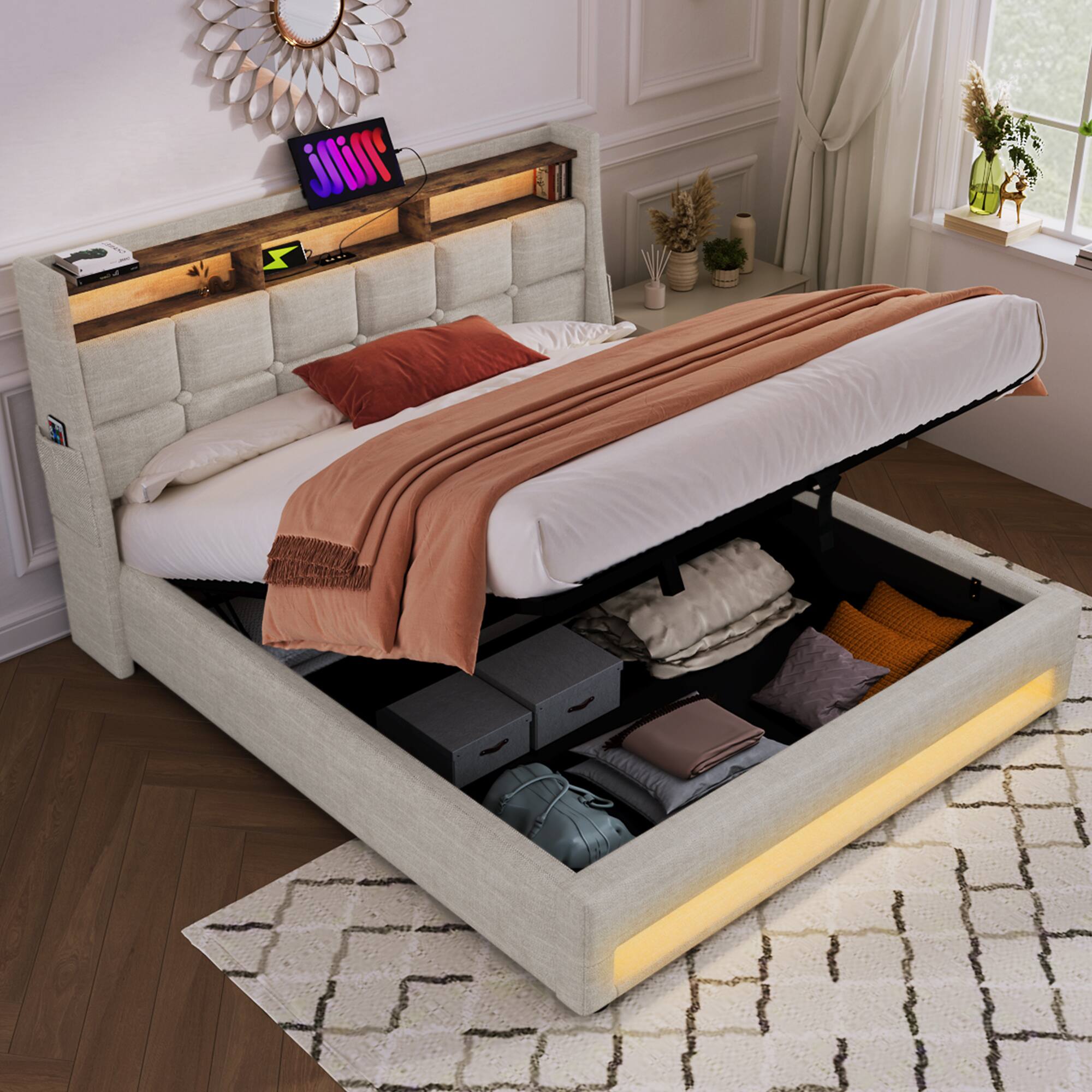 Angle. LUCKY ONE - Queen size Upholstered Platform bed with a Hydraulic Storage System, LED and USB Charging - Natural.
