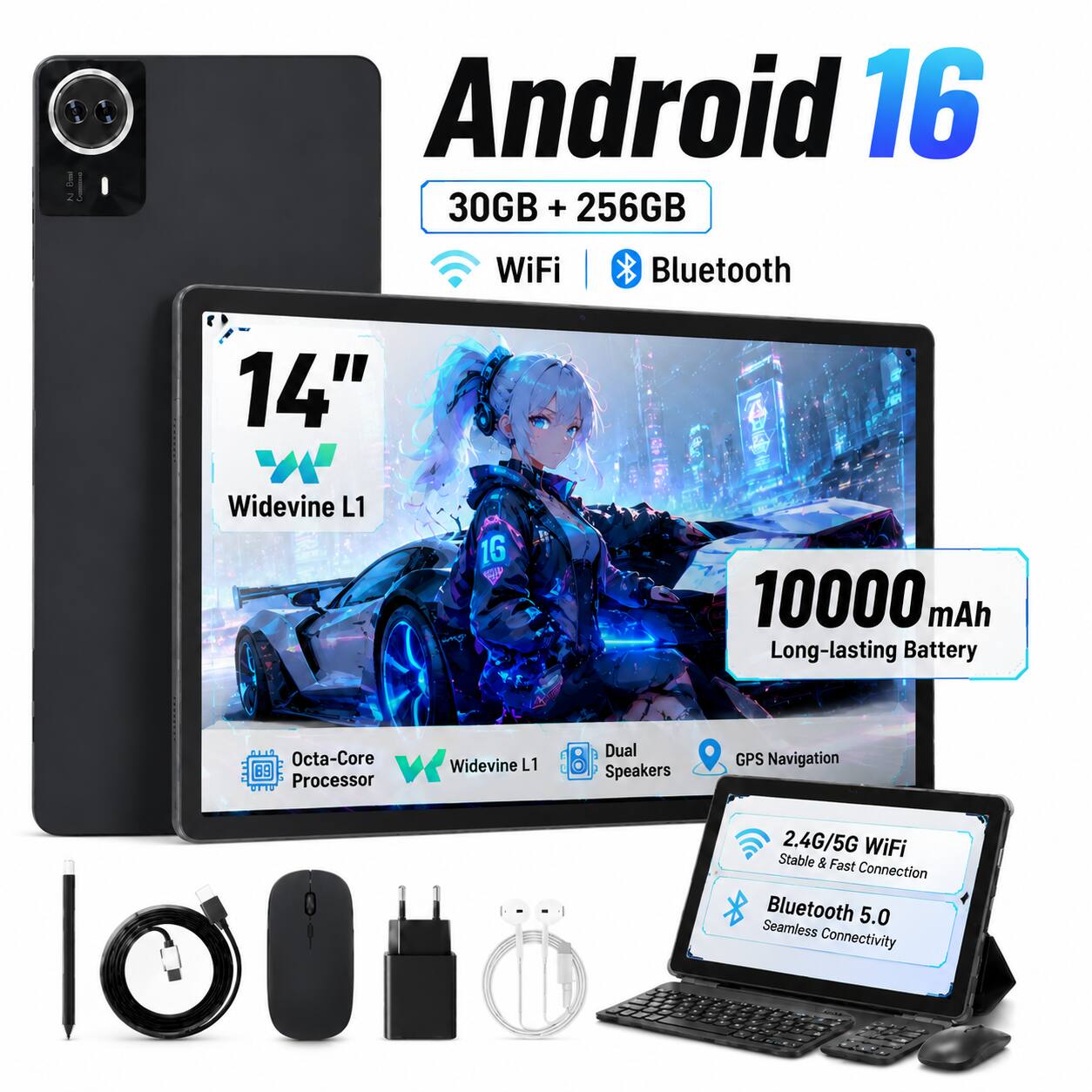 100 2
Android 16 30GB + 256GB
WiFi
Bluetooth
14"
Widevine L1
16
10000 mAh Long-lasting Battery
Octa-Core VK Widevine L1 Processor
Dual Speakers
GPS Navigation
2.4G/5G WiFi Stable & Fast Connection Bluetooth 5.0 Seamless Connectivity