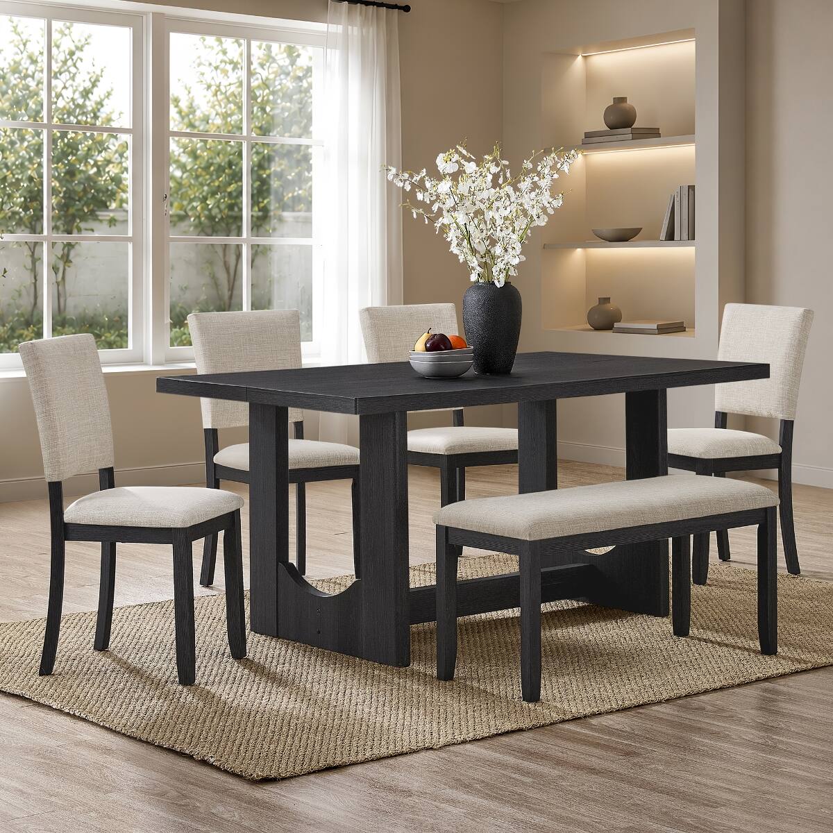 Loheer 6 Piece Dining Table Set with Bench, Rectangular Wood Table ...