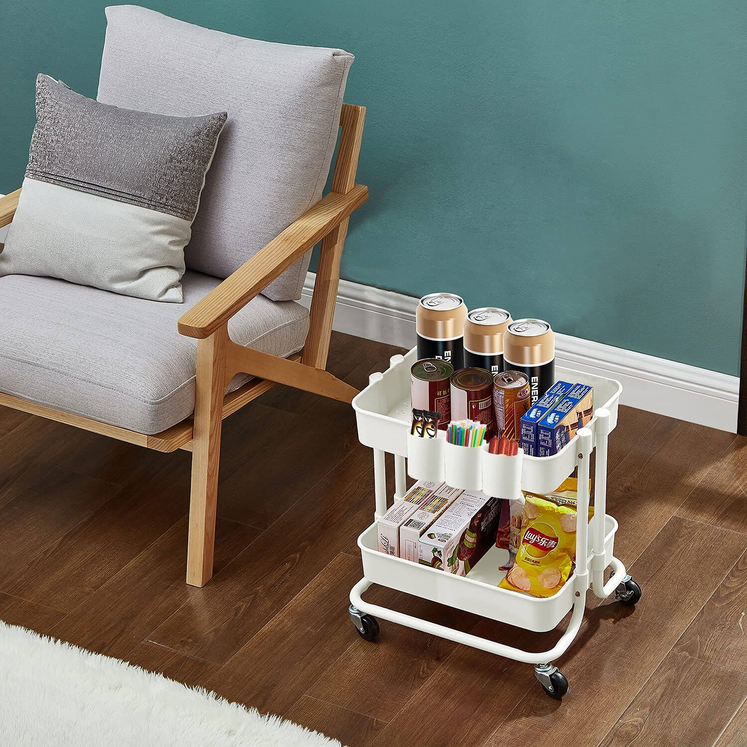 Back. JETRANSPORT - 2-tier Utility Rolling Cart Storage Sofa Side Table With Wheels Mobile Trolley Organizer For Office Home - B- White.