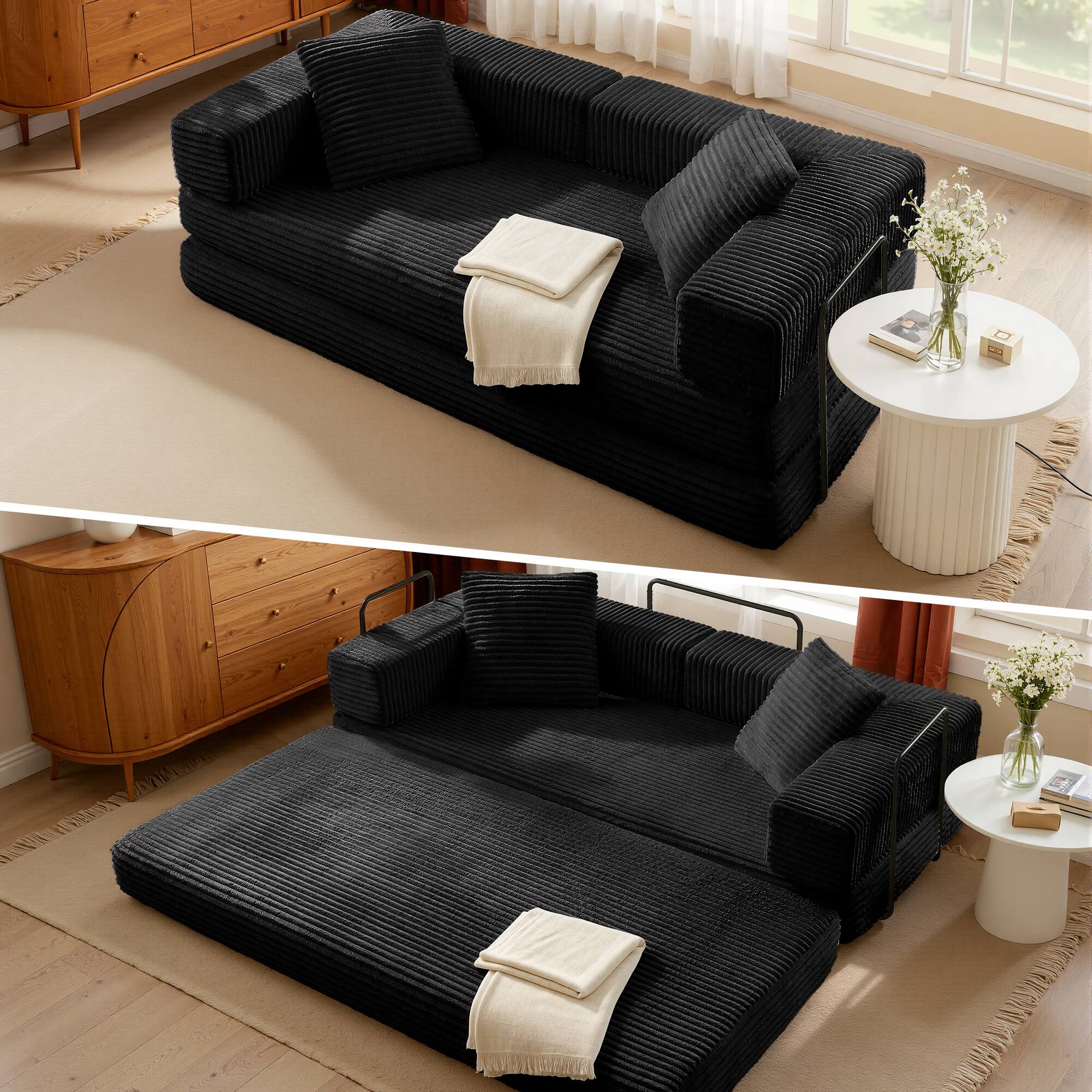 Back. Meqiodas - 81''Convertible Sofa Bed, Folding Floor Couch with Square Armrest, Comfy Sleeper Mattress for Living Room - Black.