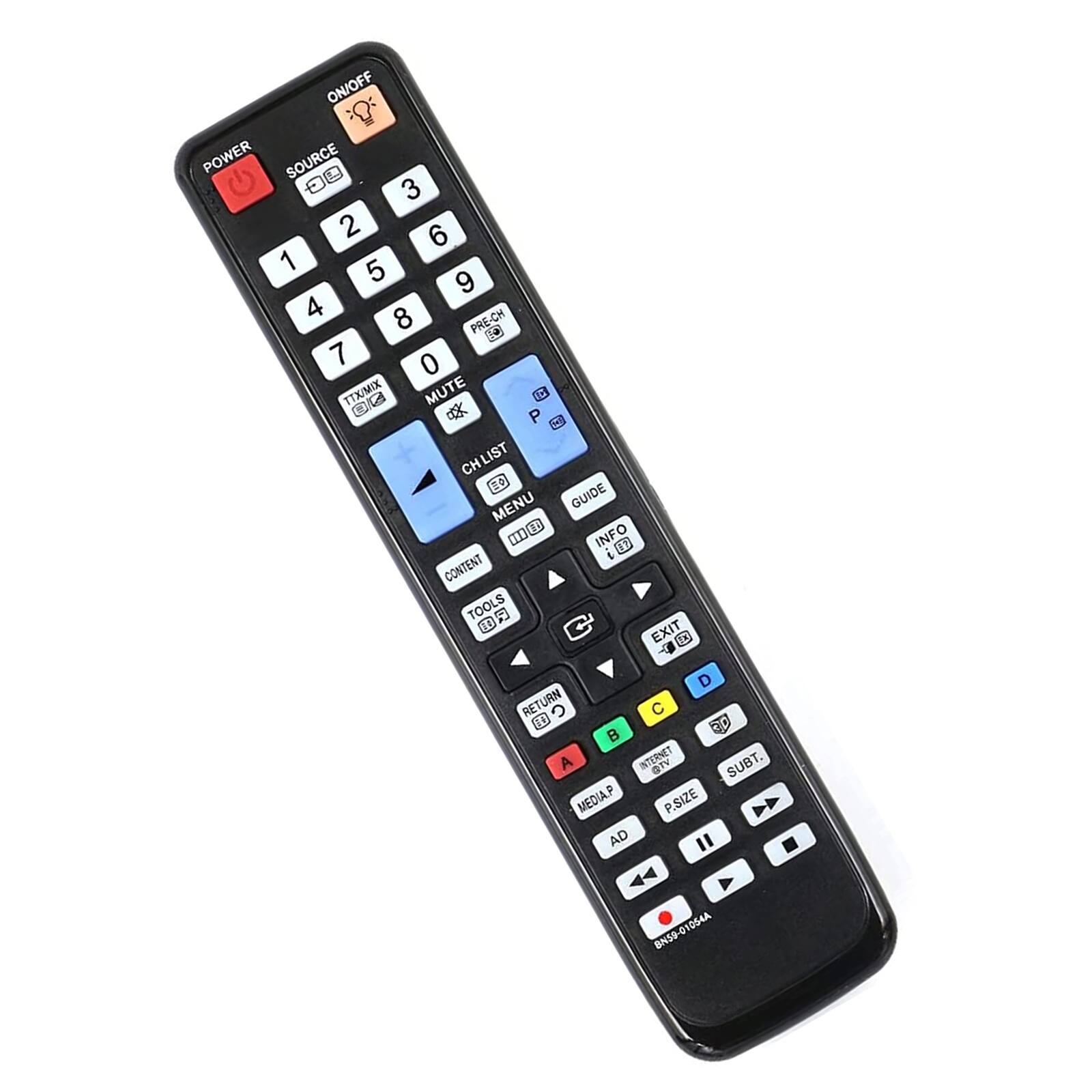 ON/OFF POWER SOURCE  
1 2 3 4 5 6 7 8 9 0  
PRE-CH  
TTX/MIX GC L MUTE IC x P F  
CH LIST MENU GUIDE INFO  
CONTENT TOOLS EXIT RETURN  
INTERNET GTV SUBT. MEDIAP P SIZE AD  
BN59-01054A