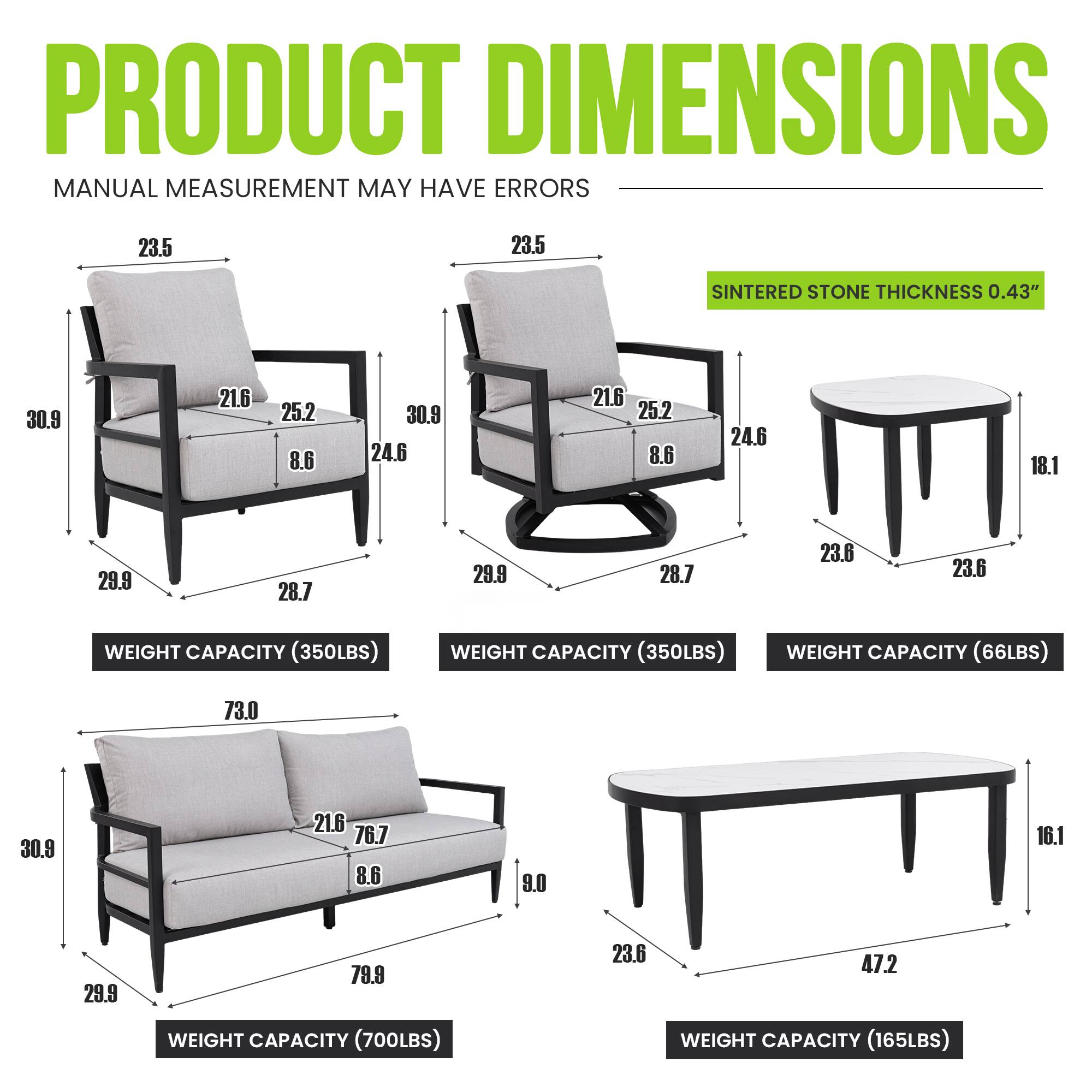 PRODUCT DIMENSIONS  
MANUAL MEASUREMENT MAY HAVE ERRORS  

- 23.5"  
- 23.5"  
- 21.6"  
- 25.2"  
- 8.6"  
- 24.6"  
- 21.6"  
- 25.2"  
- 8.6"  
- 24.6"  
- 18.1"  
- 29.9"  
- 28.7"  
- 29.9"  
- 28.7"  
- 23.6"  
- 23.6"  

SINTERED STONE THICKNESS 0.43"  

- WEIGHT CAPACITY (350LBS)  
- WEIGHT CAPACITY (350LBS)  
- WEIGHT CAPACITY (66LBS)  
- WEIGHT CAPACITY (700LBS)  
- WEIGHT CAPACITY (165LBS)