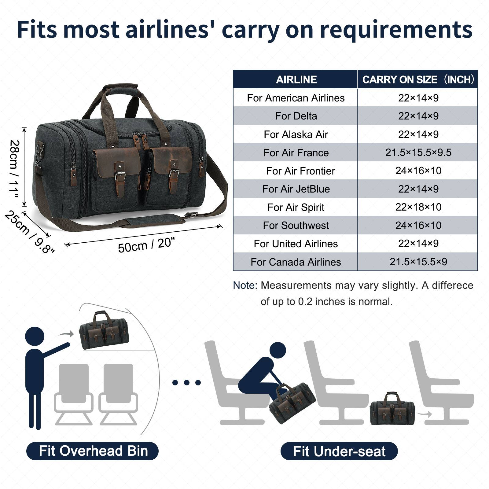Fits most airlines' carry on requirements

AIRLINE | CARRY ON SIZE (INCH)

- For American Airlines | 22x14x9
- For Delta | 22x14x9
- For Alaska Air | 22x14x9
- For Air France | 21.5x15.5x9.5
- For Air Frontier | 24x16x10
- For Air JetBlue | 22x14x9
- For Air Spirit | 22x18x10
- For Southwest | 24x16x10
- For United Airlines | 22x14x9
- For Canada Airlines | 21.5x15.5x9

Note: Measurements may vary slightly. A difference of up to 0.2 inches is normal.

Fit Overhead Bin

Fit Under-seat