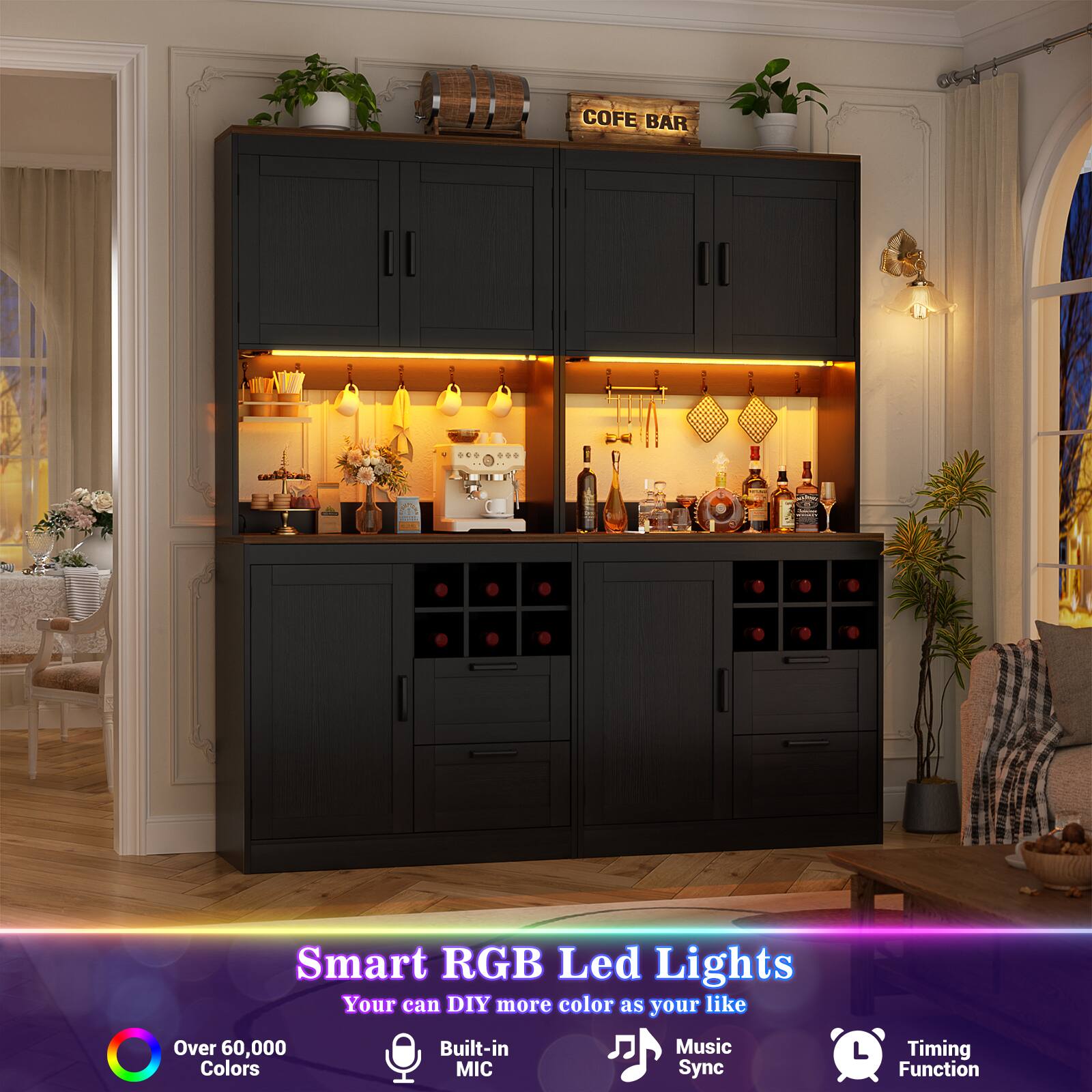 COFE BAR

Smart RGB Led Lights
Your can DIY more color as your like

Over 60,000 Built-in Music Timing Colors MIC Sync Q Function