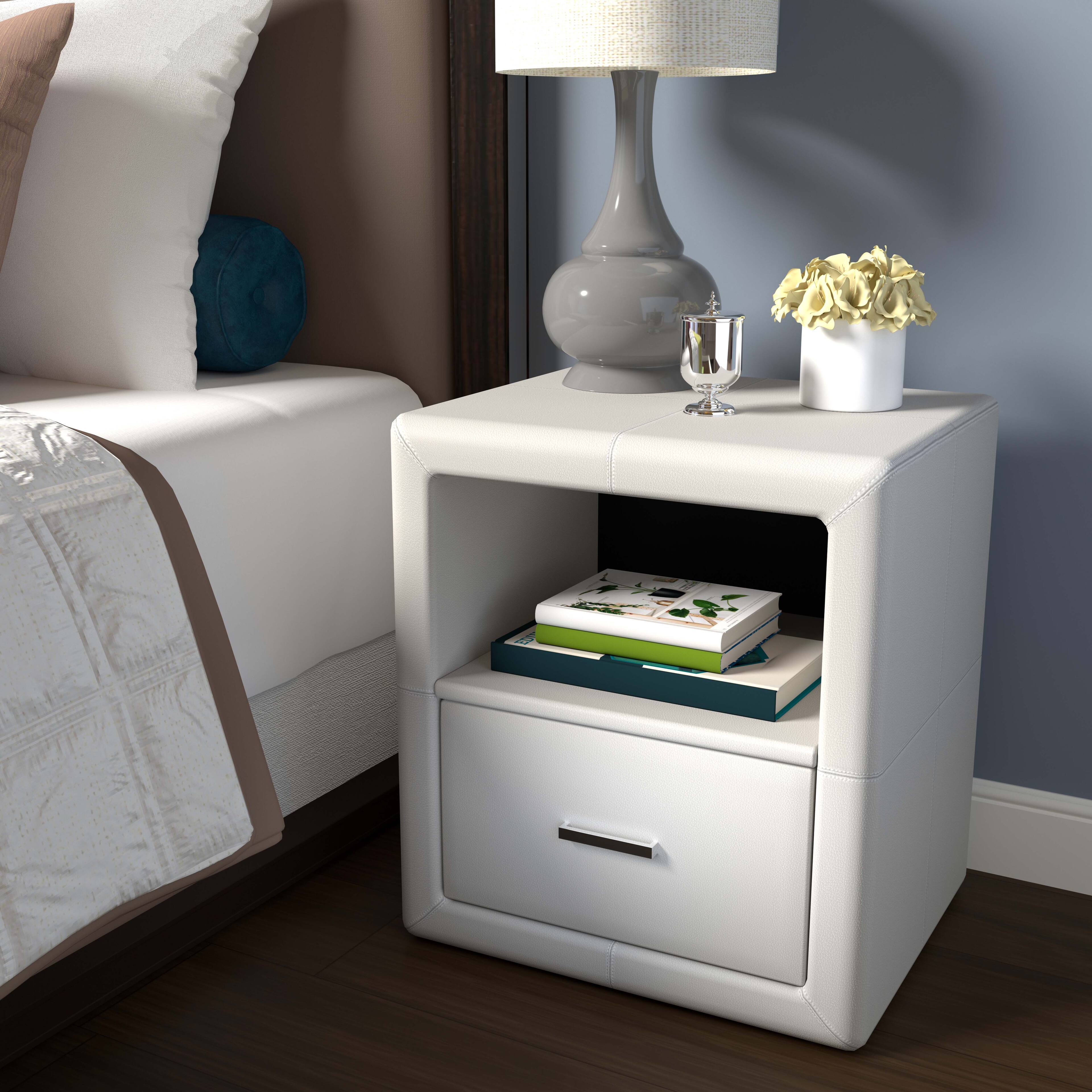 Alt View 3. Boyd Sleep - Boyd Sleep Lombardi Faux Leather One Drawer Nightstand- Pre-Assembled- Low profile bedroom end table - White.