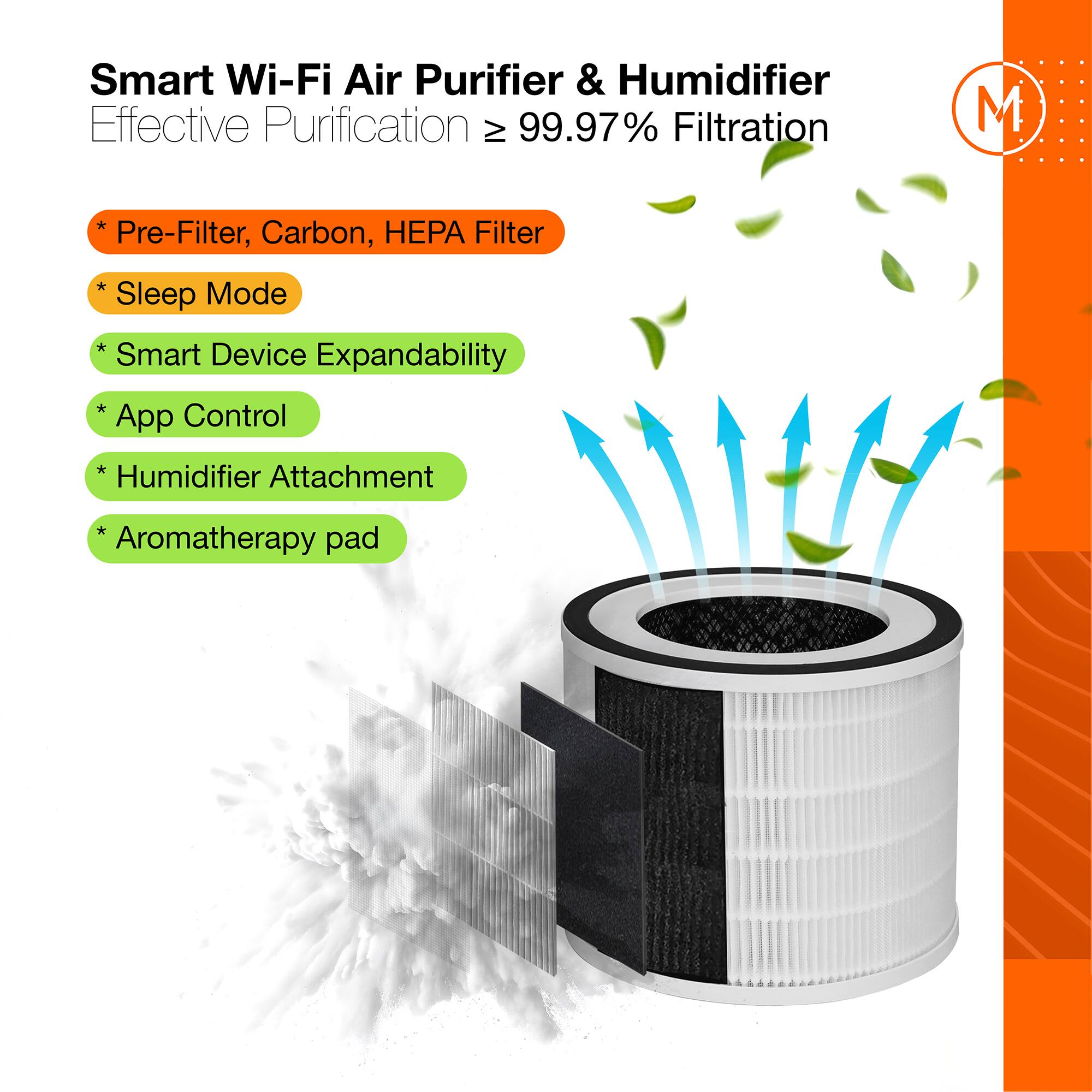 Smart Wi-Fi Air Purifier & Humidifier Effective Purification ≥ 99.97% Filtration

Pre-Filter, Carbon, HEPA Filter
* Sleep Mode
Smart Device Expandability
App Control
* Humidifier Attachment
Aromatherapy pad