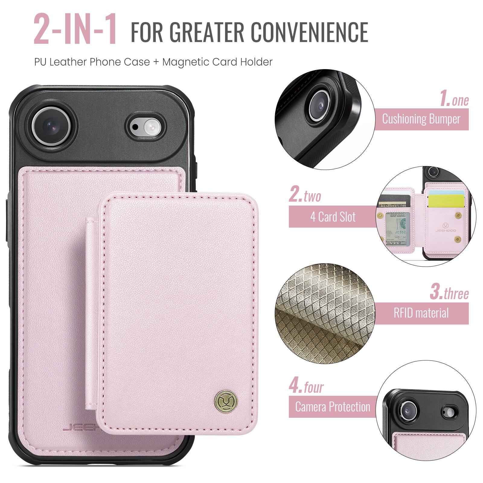 2-IN-1 FOR GREATER CONVENIENCE  
PU Leather Phone Case + Magnetic Card Holder  

1. one  
Cushioning Bumper  

2. two  
4 Card Slot  

3. three  
RFID material  

4. four  
Camera Protection