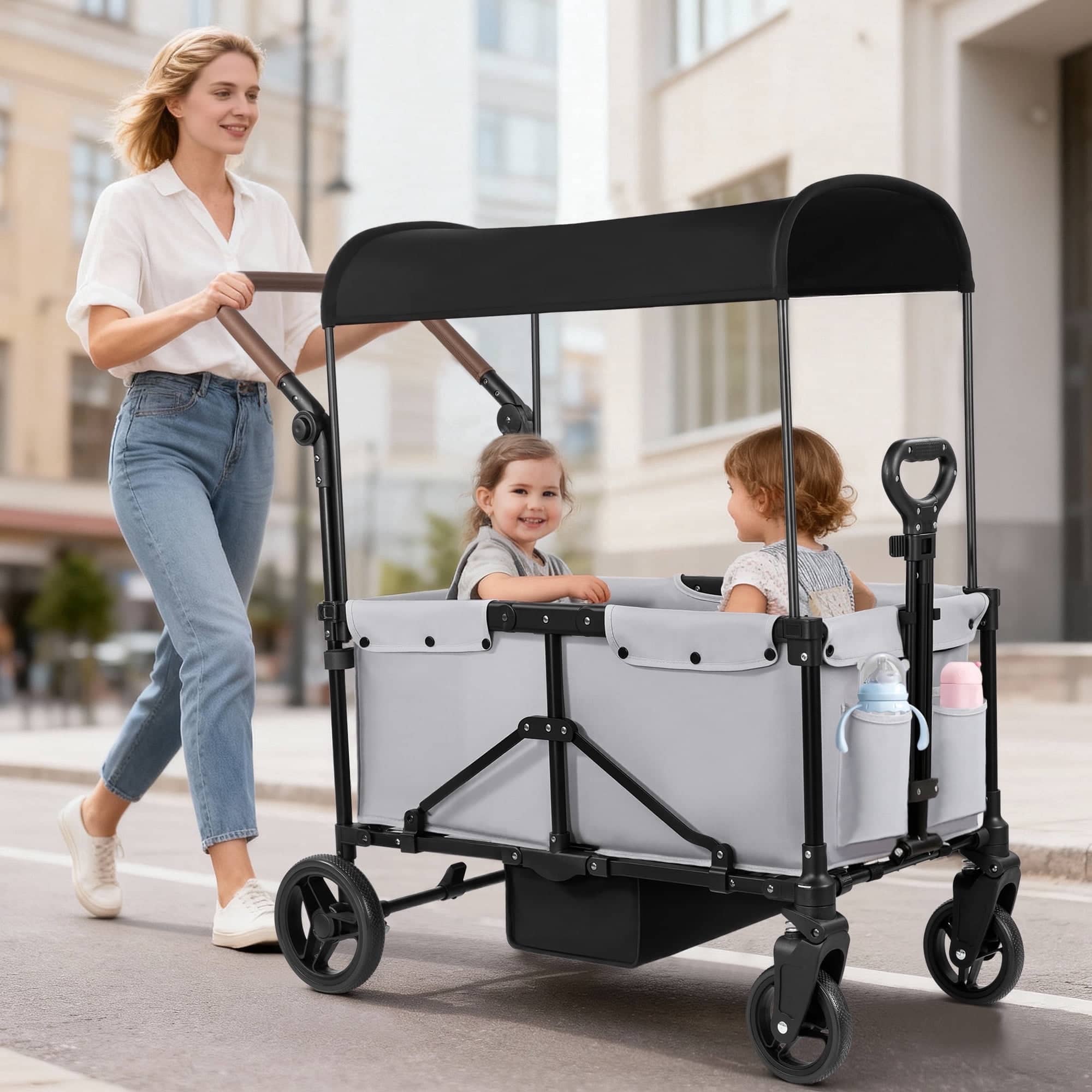 Front. Wisairt - 2-Seater Wagon Stroller for Kids, Foldable Baby Stroller Wagon with Canopy, Push & Pull Handles, All-Terrain Wheels - Gray.