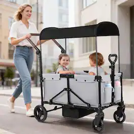 Wisairt - 2-Seater Wagon Stroller for Kids, Foldable Baby Stroller Wagon with Canopy, Push & Pull Handles, All-Terrain Wheels - Gray