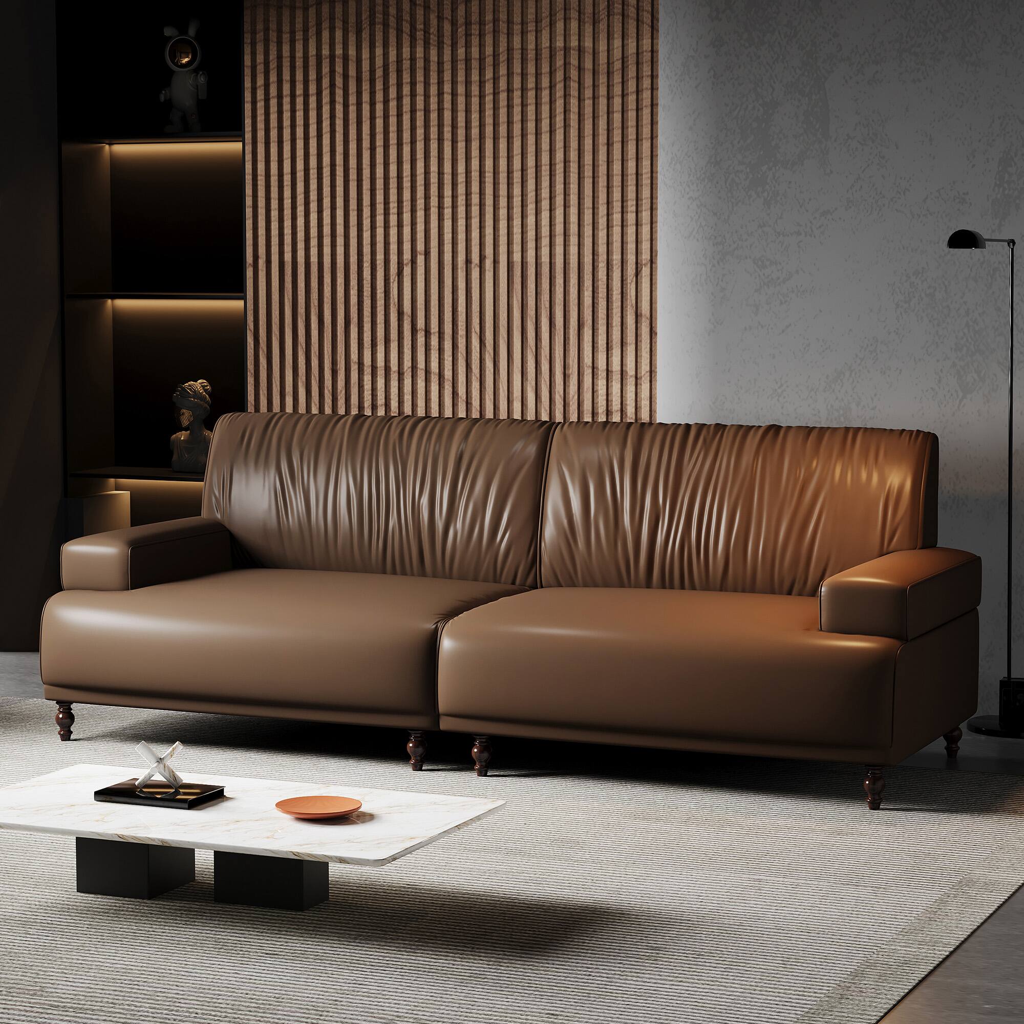 Front. luck idea - 86.4" Leather Sofa, Modern Living Room Combination Sofa - Brown.