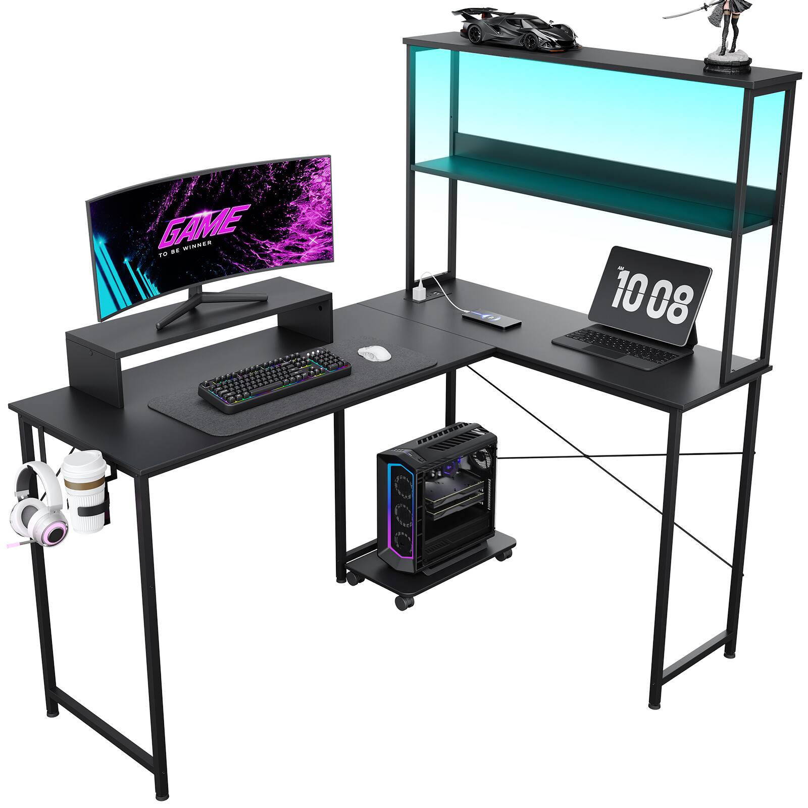 GTPlayer 53'' Reversible L Shaped Computer Gaming Desk with LED Lights ...