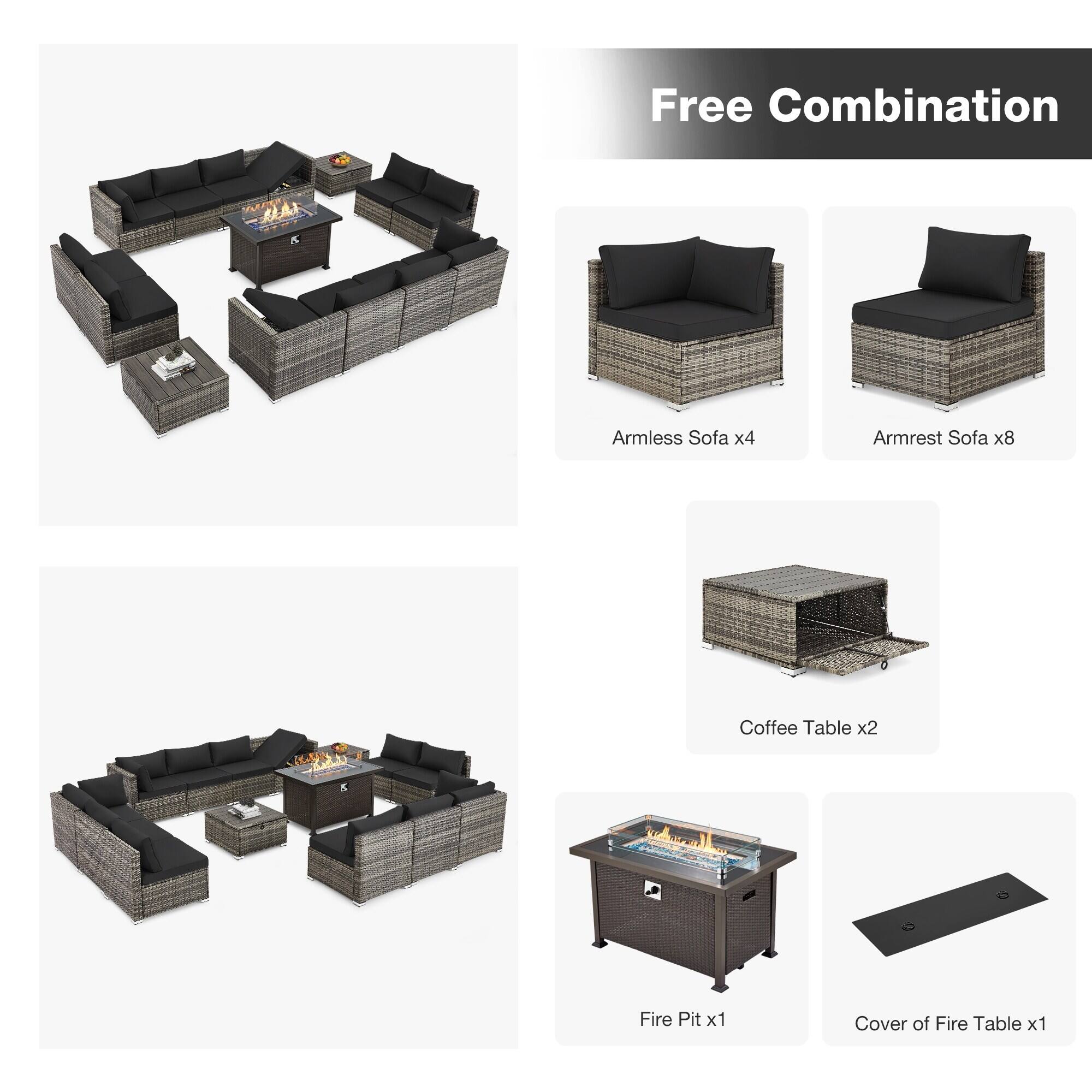 Free Combination  
Armless Sofa x4  
Armrest Sofa x8  
Coffee Table x2  
Fire Pit x1  
Cover of Fire Table x1