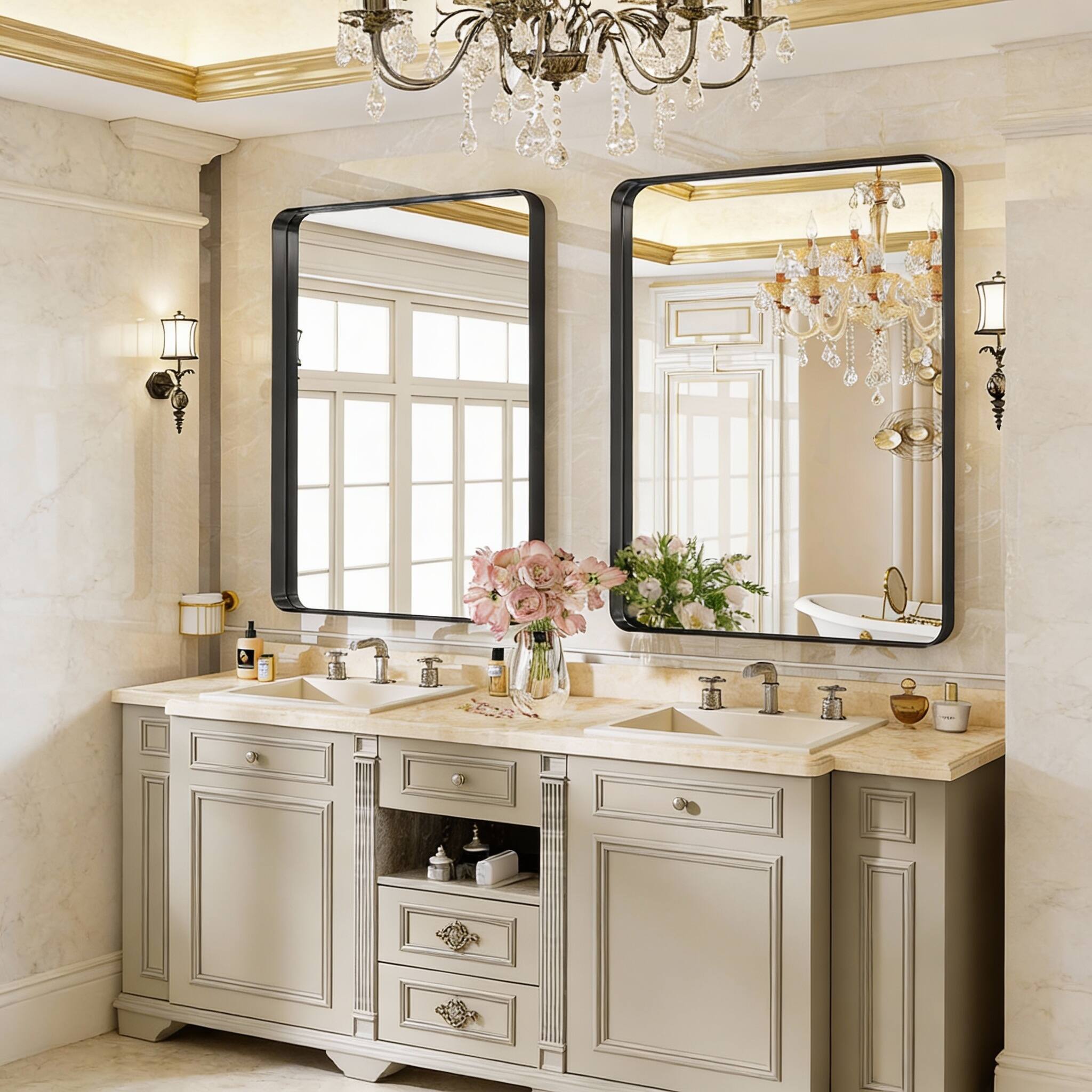 Left. METALTON - Bathroom Mirror Gorgeous Deep Frame Wall Modern Round Corner Vanity For Bedroom Living Room Hanging Or Lean - Gold 32"L x 24"W.