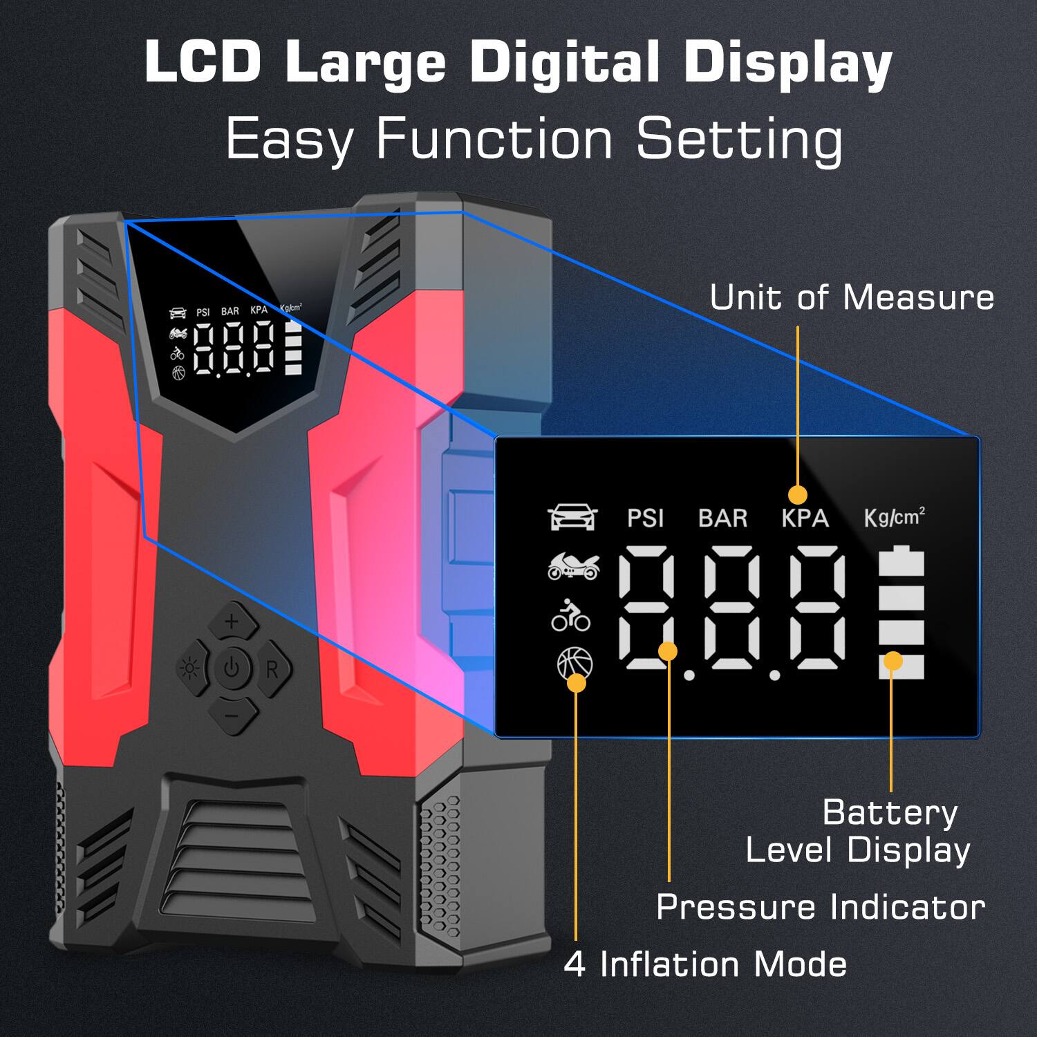LCD Large Digital Display Easy Function Setting

Unit of Measure: PSI BAR KPA Kg/cm2

Battery Level Display
Pressure Indicator
4 Inflation Mode