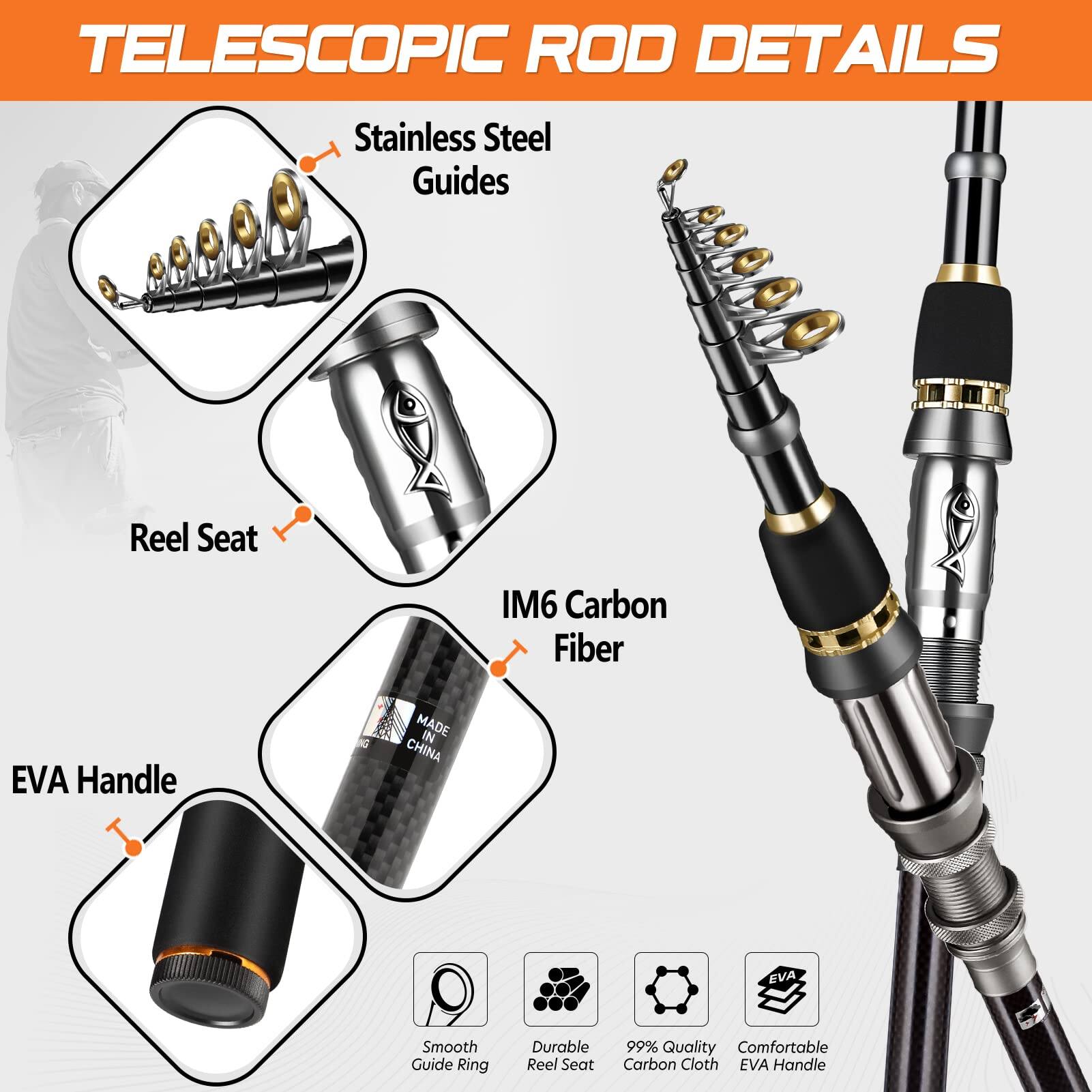 TELESCOPIC ROD DETAILS

- Stainless Steel Guides
- Reel Seat
- IM6 Carbon Fiber
- EVA Handle

Smooth Guide Ring
Durable Reel Seat
99% Quality
Comfortable Carbon Cloth EVA Handle

MADE IN CHINA