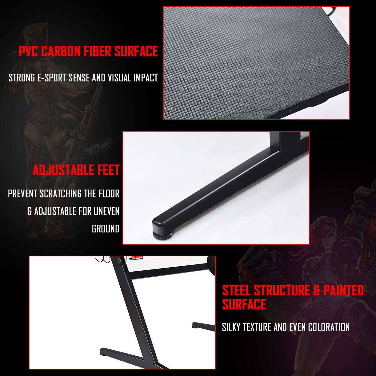 The text on the image has been grouped and corrected as follows:

1. PVC Carbon Fiber Surface: Strong E-Sport Sense and Visual Impact
2. Adjustable Feet: Prevent Scratching the Floor & Adjustable for Uneven Ground
3. Steel Structure & Painted Surface: Silky Texture and Even Coloration