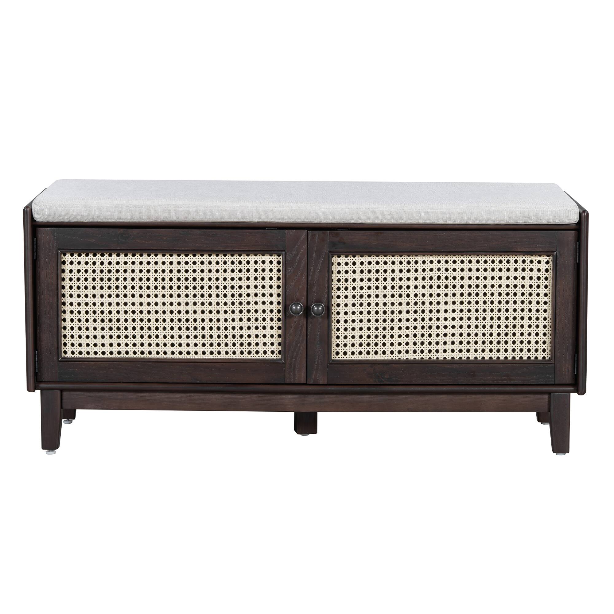 Back. Whisen - Rattan Shoe Storage Bench with Double Doors and Adjustable Shelves-Espresso - Espresso.