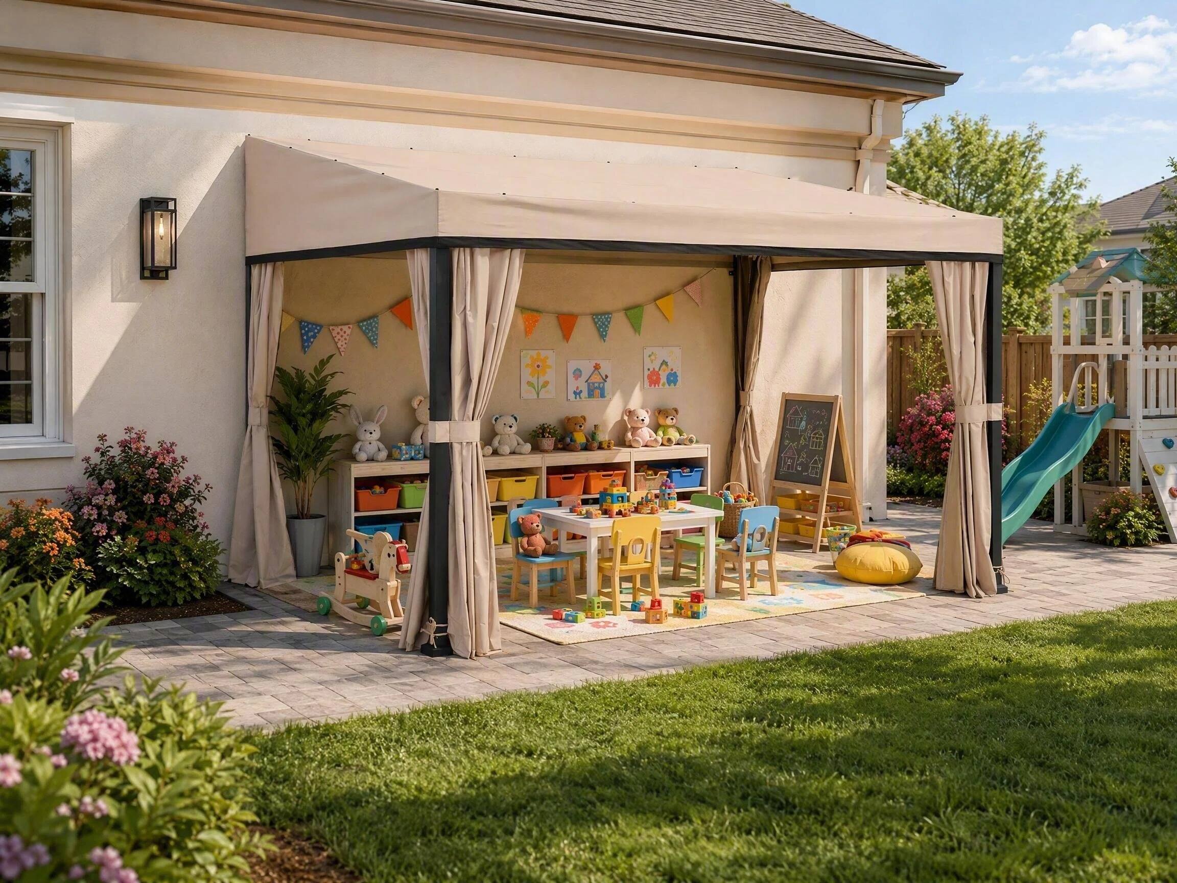Alt View 6. SUNJOY - Sunjoy 10'x12' Wall Mounted Lean-to Gazebo, Weatherproof Fabric Roof, Black Aluminum & Metal Frame, Curtains & Netting - Black & Khaki.