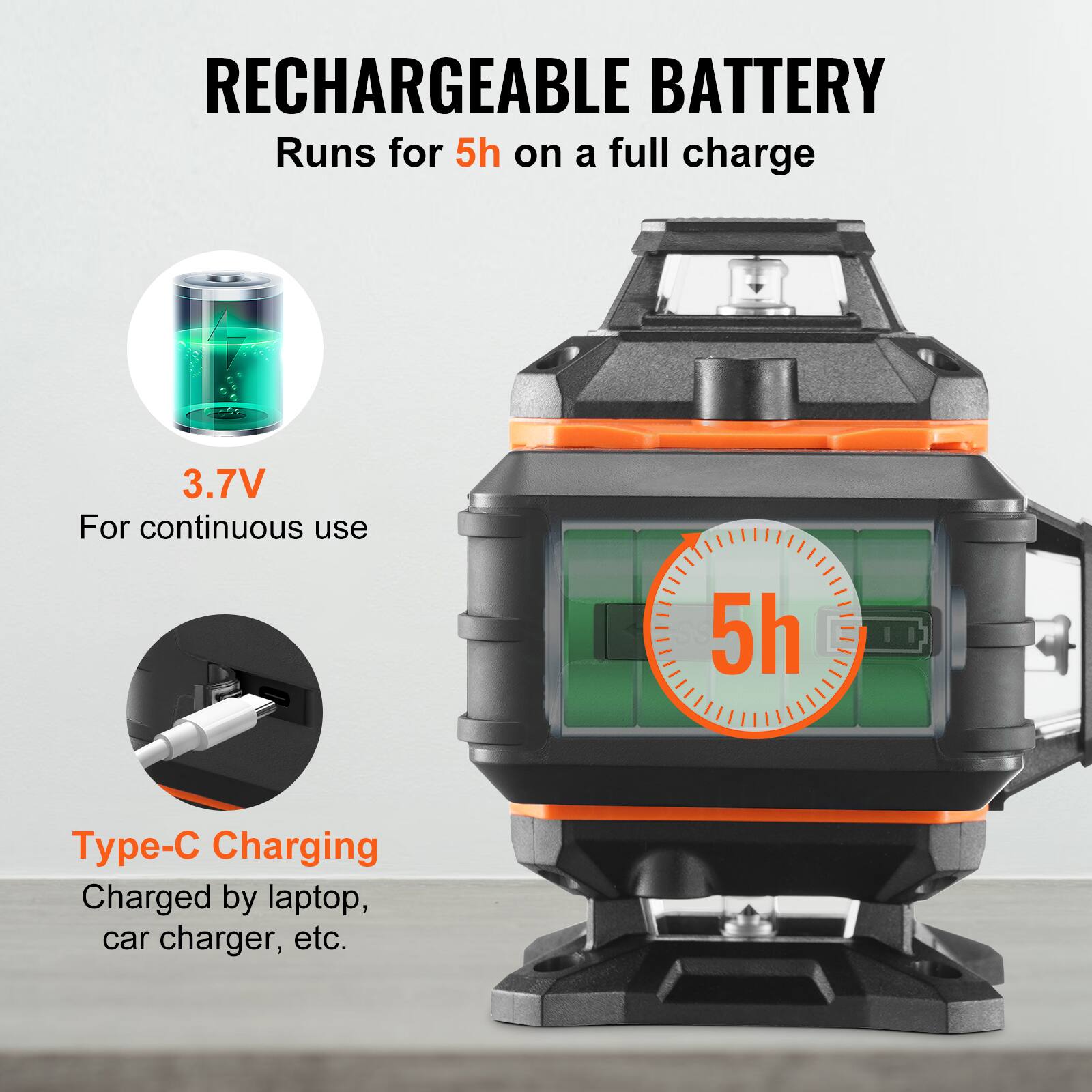 RECHARGEABLE BATTERY  
Runs for 5h on a full charge  
3.7V  
For continuous use  
Type-C Charging  
Charged by laptop, car charger, etc.
