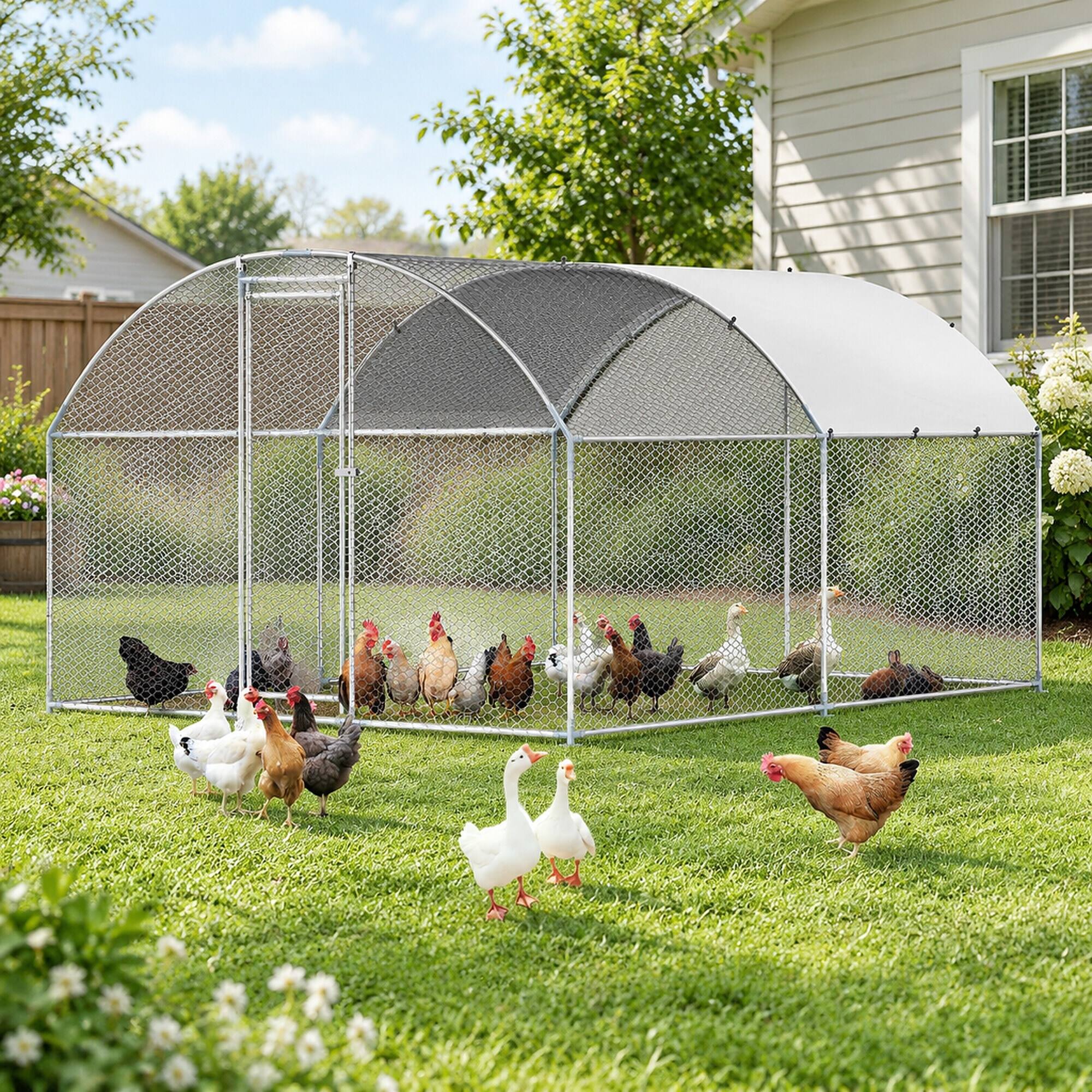 Back. RYHNUYNE - Metal Chicken Coop 9.8x13.1x6.5 ft, Walk-in Chicken Run, Galvanized Steel, PE Cover.