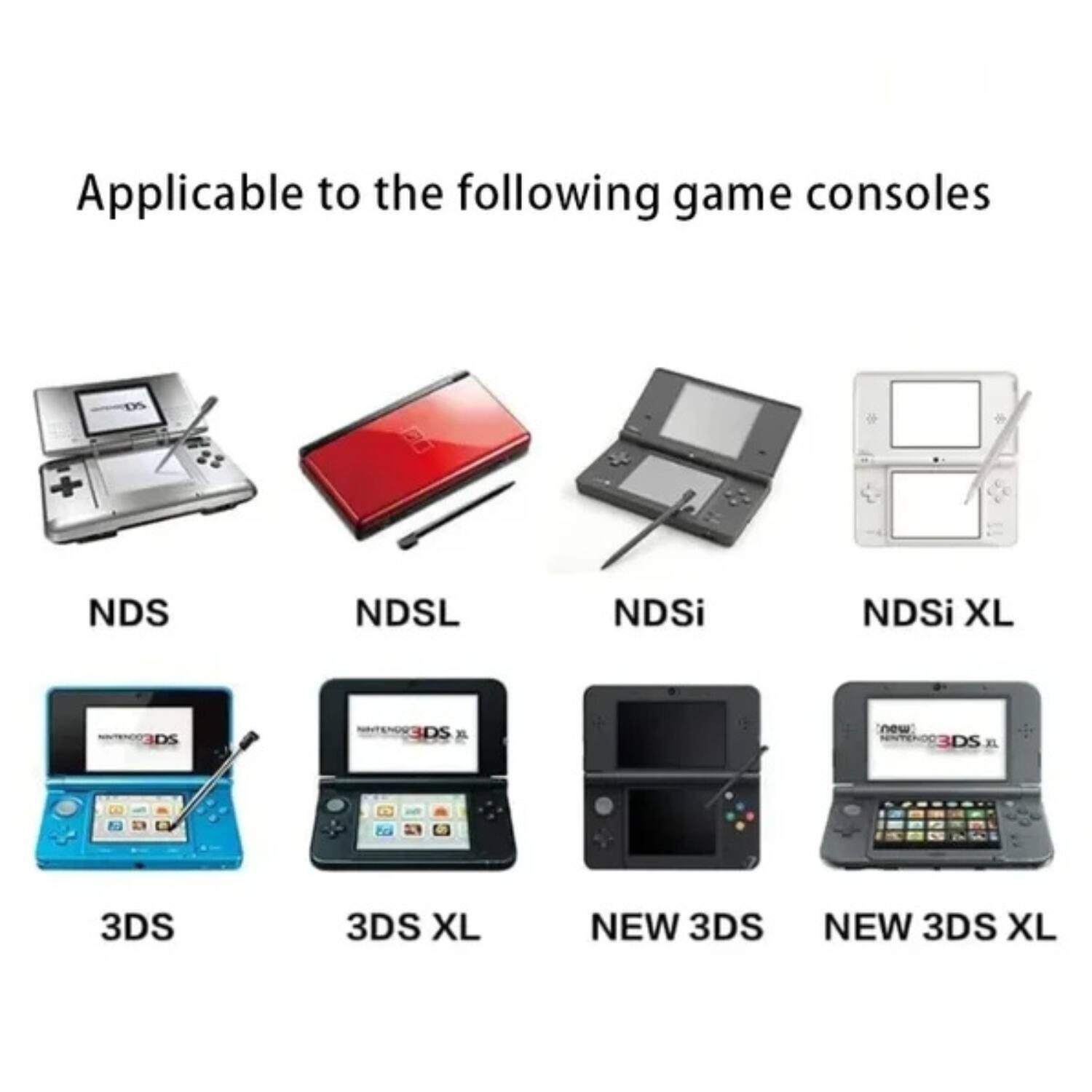 Applicable to the following game consoles:

- NDS
- NDSL
- NDSi
- NDSi XL
- 3DS
- 3DS XL
- NEW 3DS
- NEW 3DS XL