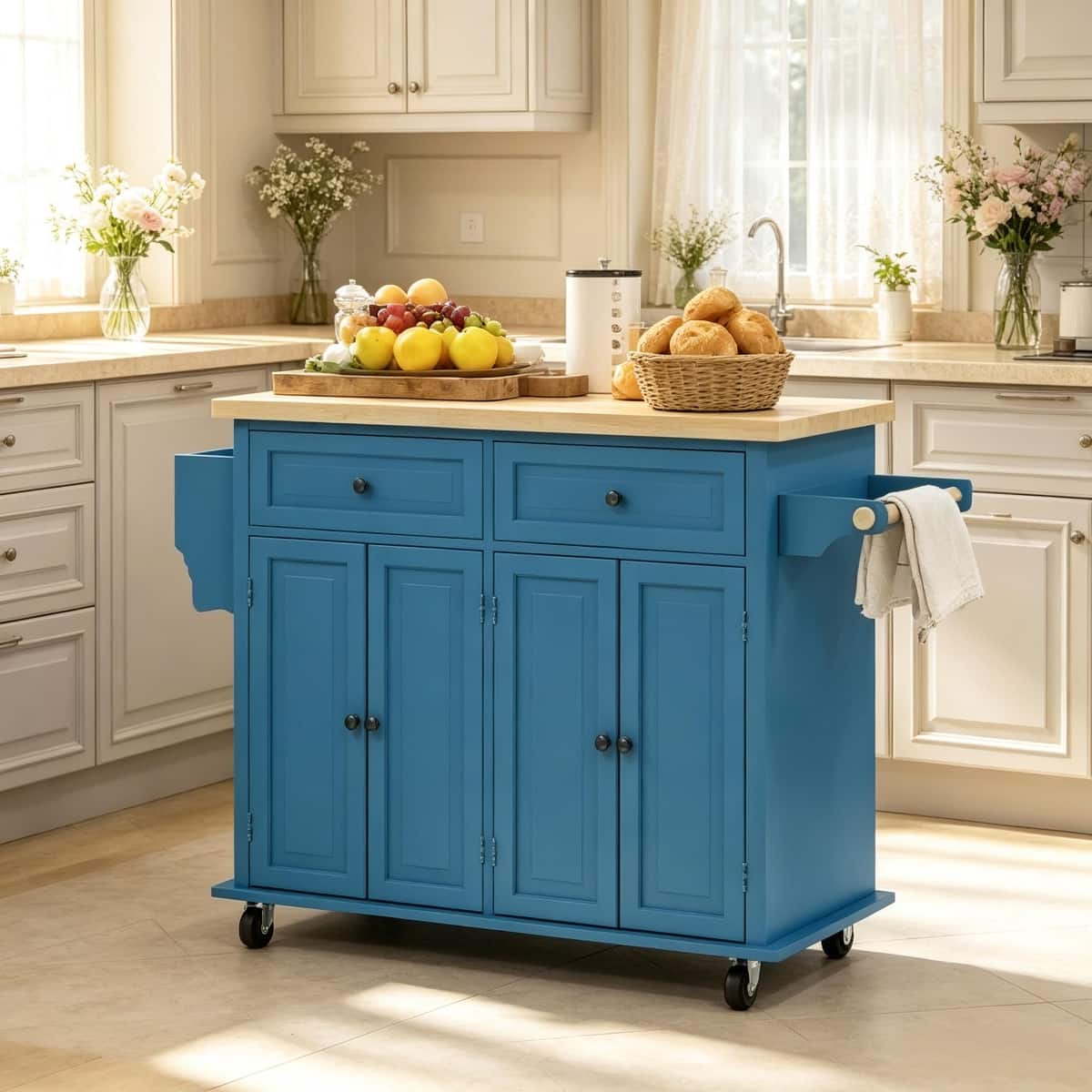 Loheer - Kitchen Island Cart, Rolling Kitchen Trolley with Drawers, Rubberwood Top, 43.75" W - Turquoise