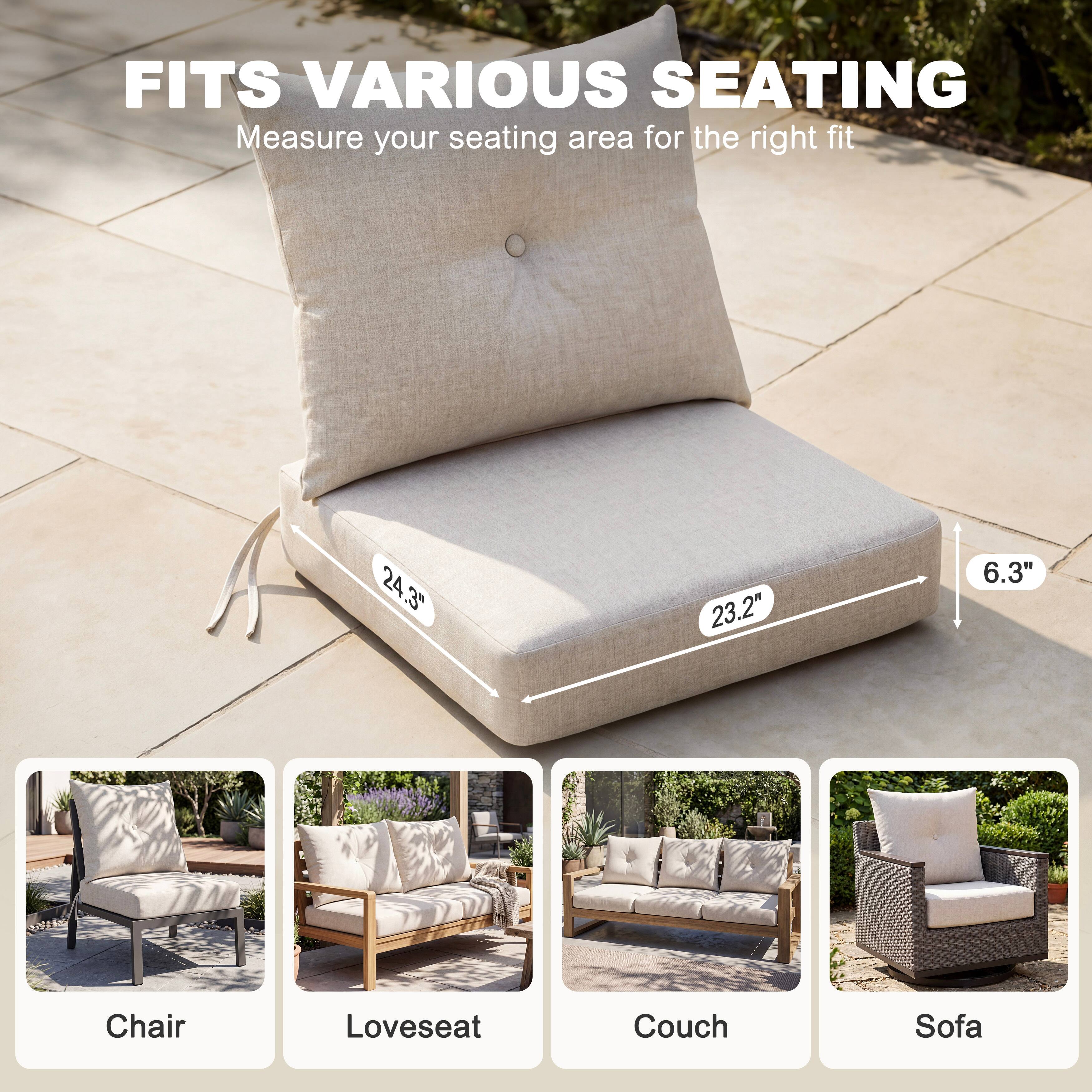 FITS VARIOUS SEATING  
Measure your seating area for the right fit  

24.3" 23.2" 6.3"  

Chair  
Loveseat  
Couch  
Sofa