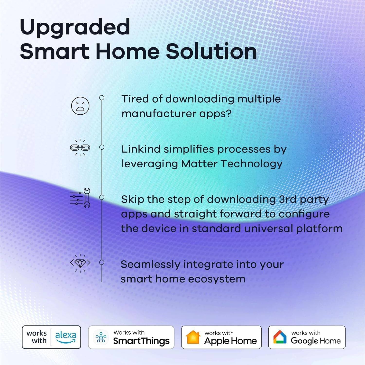 Upgraded Smart Home Solution

Tired of downloading multiple manufacturer apps?

Linkind simplifies processes by leveraging Matter Technology

Skip the step of downloading 3rd party apps and straight forward to configure the device in standard universal platform

Seamlessly integrate into your smart home ecosystem

- Works with Alexa
- Works with SmartThings
- Works with Apple Home
- Works with Google Home