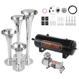VEVOR - Train Horns Kit,4 Trumpet Air Horn Kit,150dB Train Horns for Pickup Trucks, 12V 160 psi Air Compressor 2.6 Gal/10 L Tank - Black