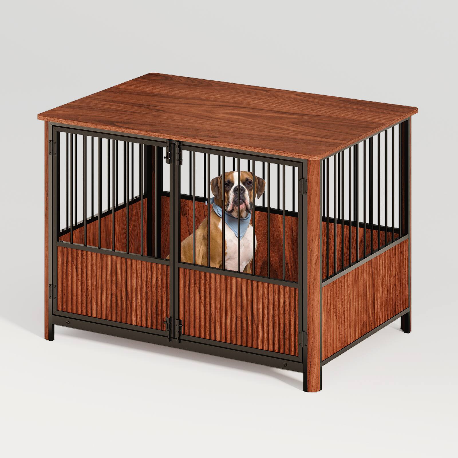 Front. Dexmalle - Dexmalle-43'' Walnut Fluted Wood Furniture Style Dog Crate for Large & Medium Dogs-Side End Table.