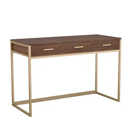 Front. Martha Stewart - Ollie Walnut 3 Drawer Home Office Desk - Walnut Top/Polished Brass Frame.