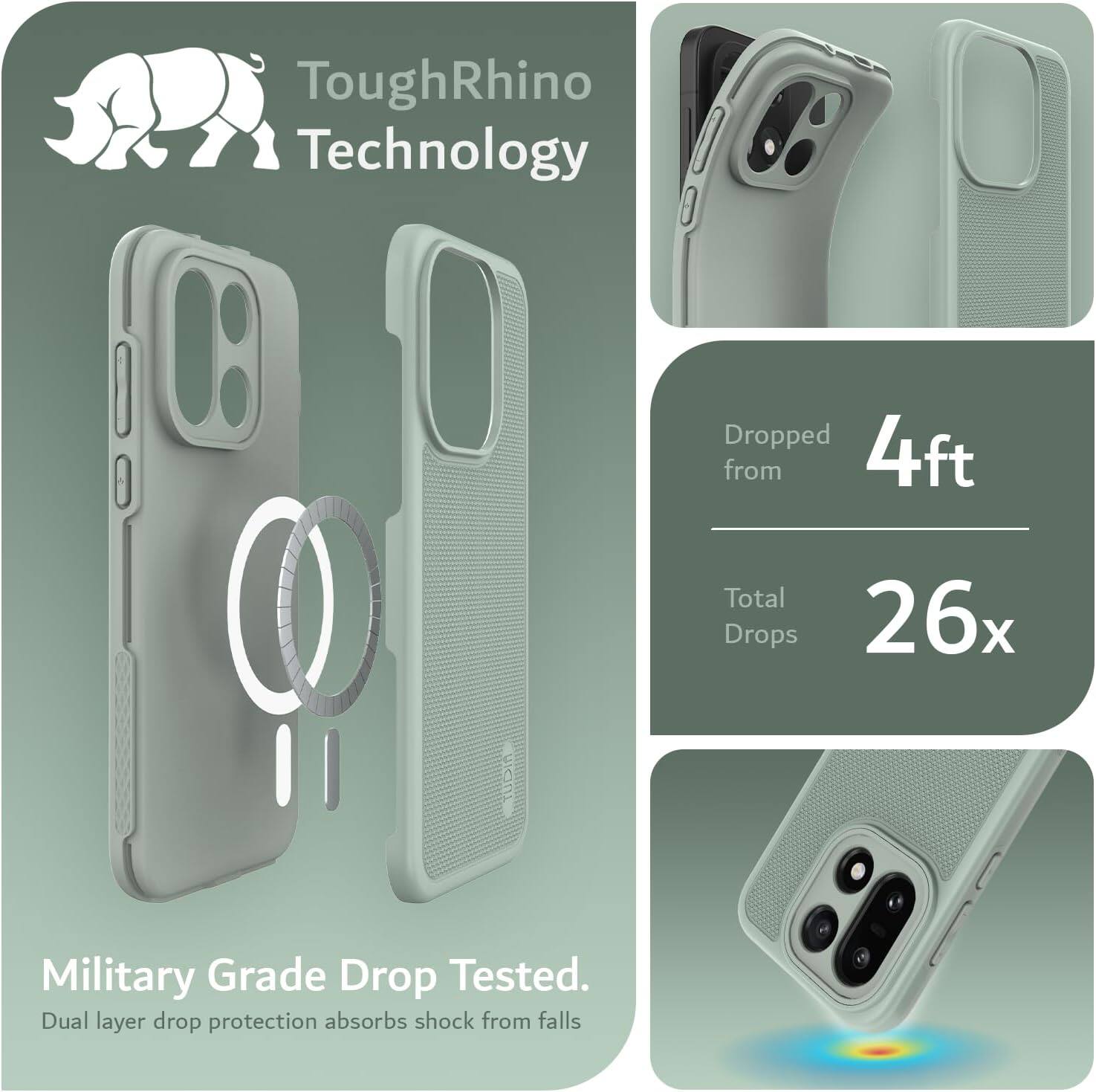 ToughRhino Technology

Dropped from 4ft  
Total Drops 26x

Military Grade Drop Tested.  
Dual layer drop protection absorbs shock from falls