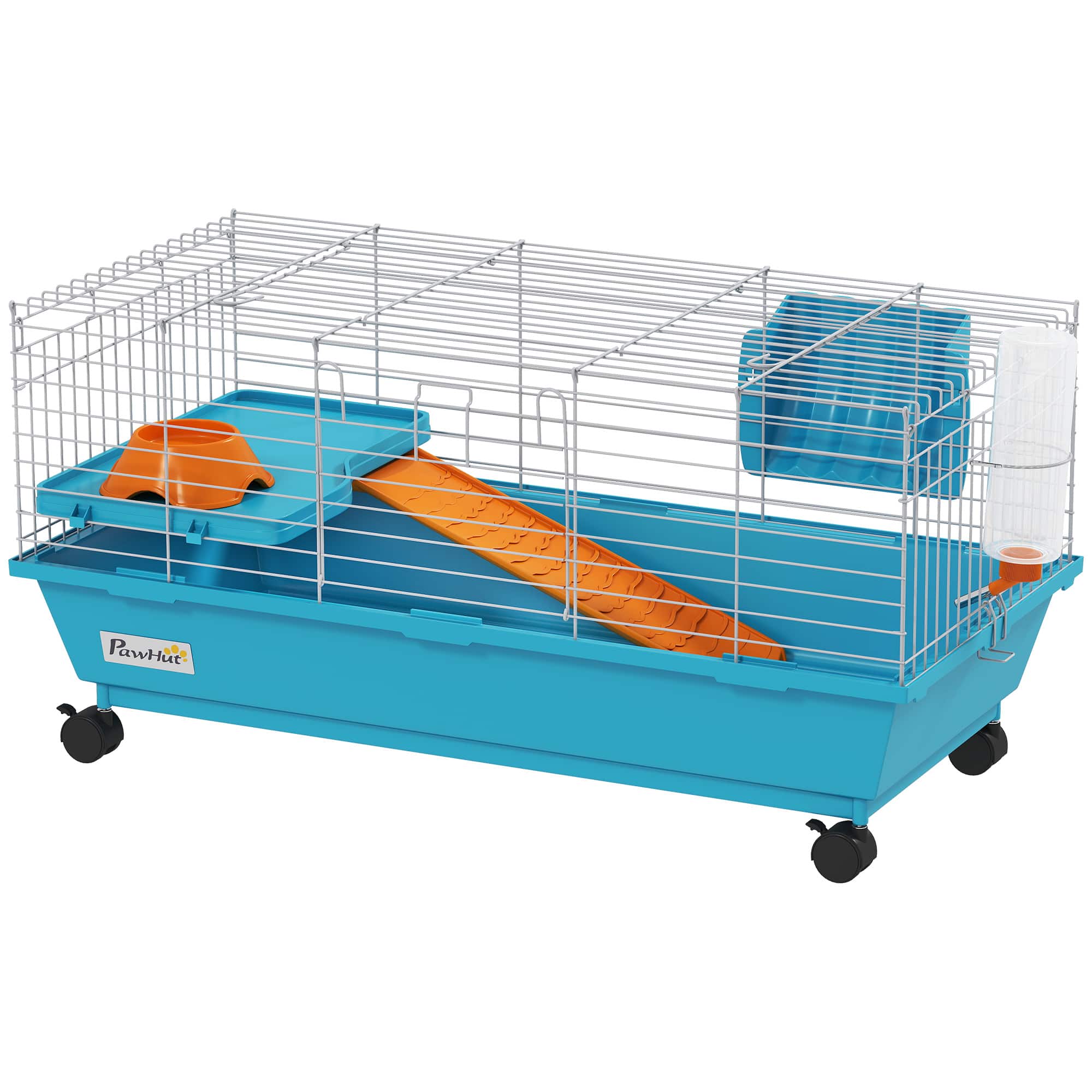Pawhut - Small Animal Cage, Rolling Bunny Cage, Guinea Pig Cage with Wheels, Food Dish, Water Bottle - Blue