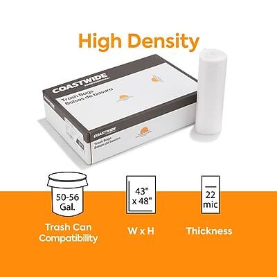 High Density  
COASTWIDE  
Trash Bag  
Basura de Bolsas  

COASTWIDE  
Trash Bag  
Basura de Bolsas  

50-56 Gal.  
Trash Can Compatibility  

43" x 48"  
W x H  

22 mic  
Thickness