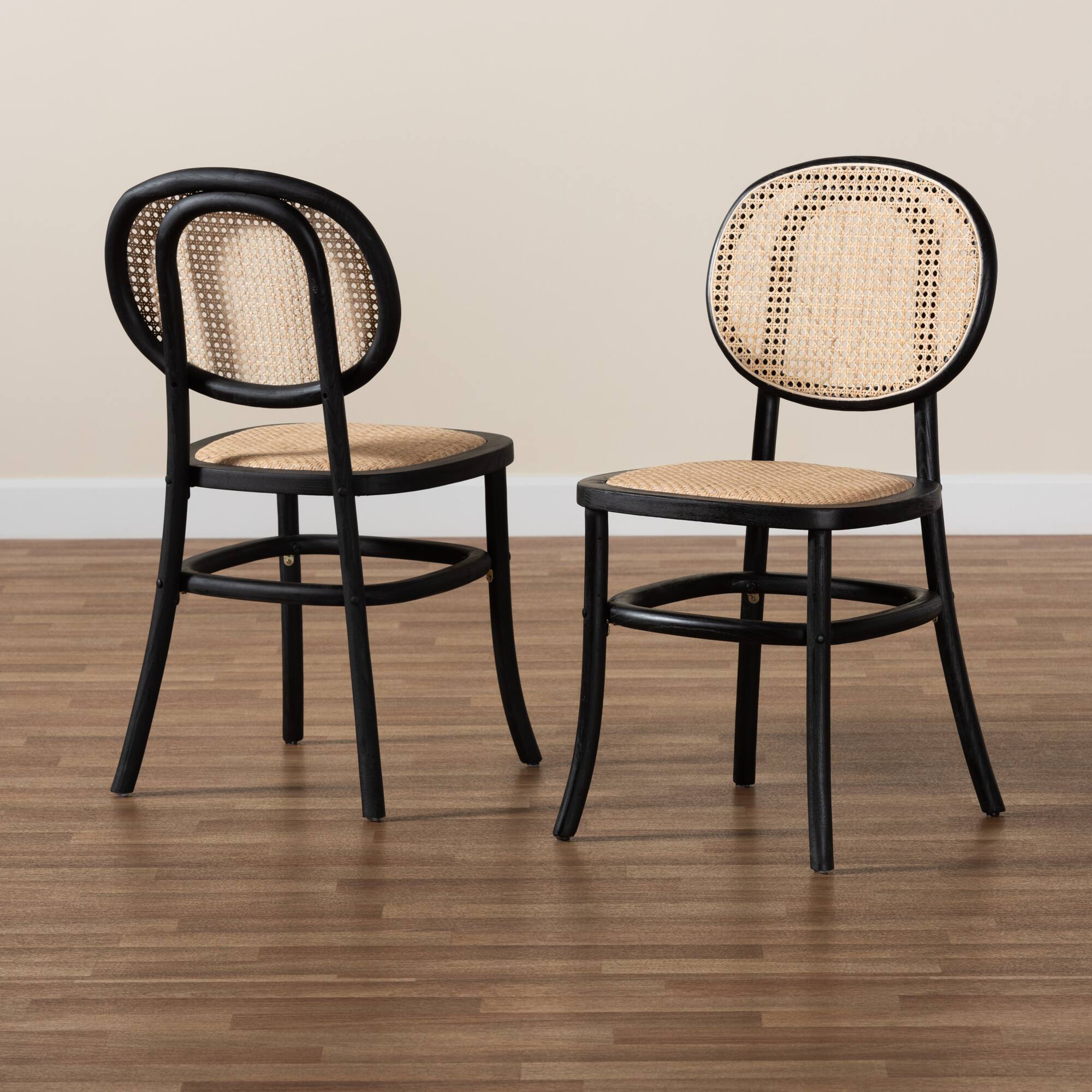 Alt View 4. Baxton Studio - Garold Mid-Century Modern Woven Rattan and Wood 2-Piece Cane Dining Chair Set - Beige/Black.