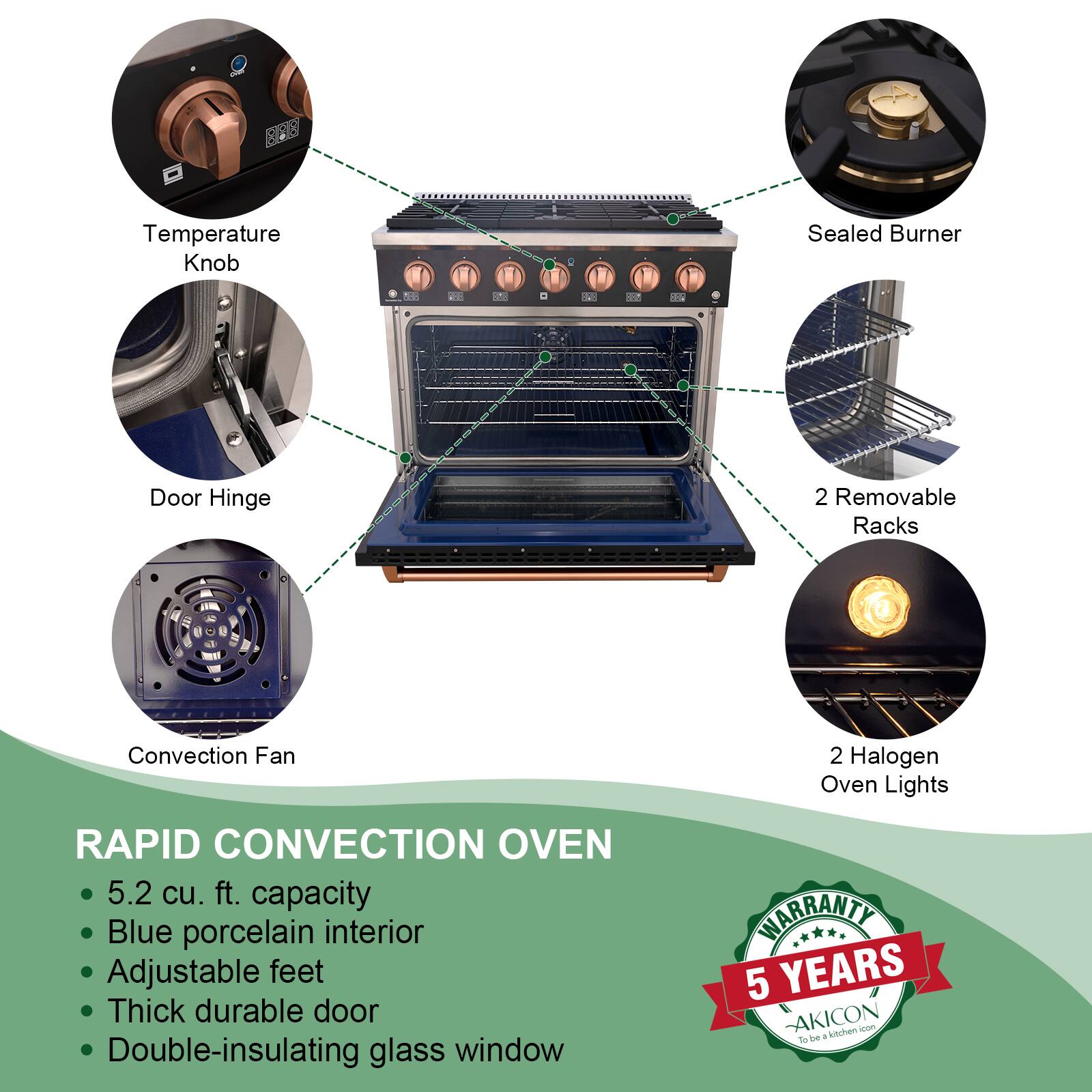 20B Temperature Knob: Sealed Burner  
Door Hinge  
2 Removable Racks  
Convection Fan  
2 Halogen Oven Lights  

RAPID CONVECTION OVEN  
- 5.2 cu. ft. capacity  
- Blue porcelain interior  
- Adjustable feet  
- Thick durable door  
- Double-insulating glass window  

WARRANTY: 5 YEARS  
AKICON - to be a kitchen icon