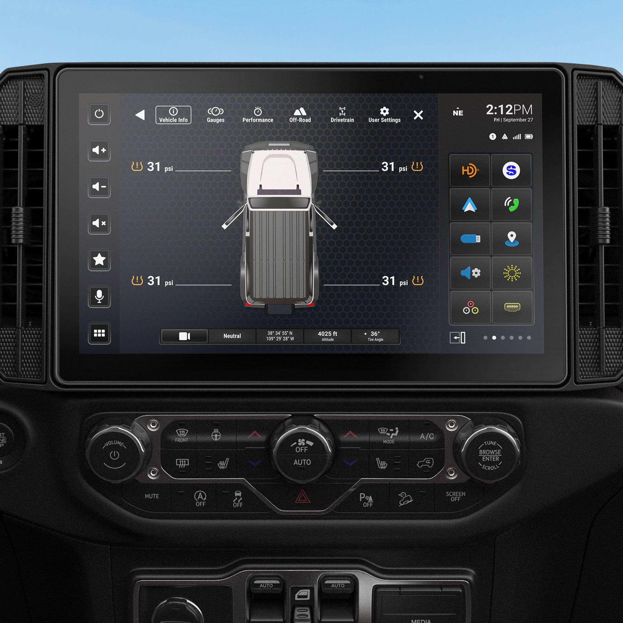 Vehicle te Sauges Performance Off-Read - Drivetrain User Settings  
2:12 PM in September 10 - NE  
31 psi  
31 psi  
31 psi  
Neubral - FMWE 3 W  
109-21 2  
4025  
36 Fm Anpin  
VVOLLNG ON  
S OFF  
AUTO  
MUTE OFF  
SCREEN OFF  
AUDIO AUTO  
Mute