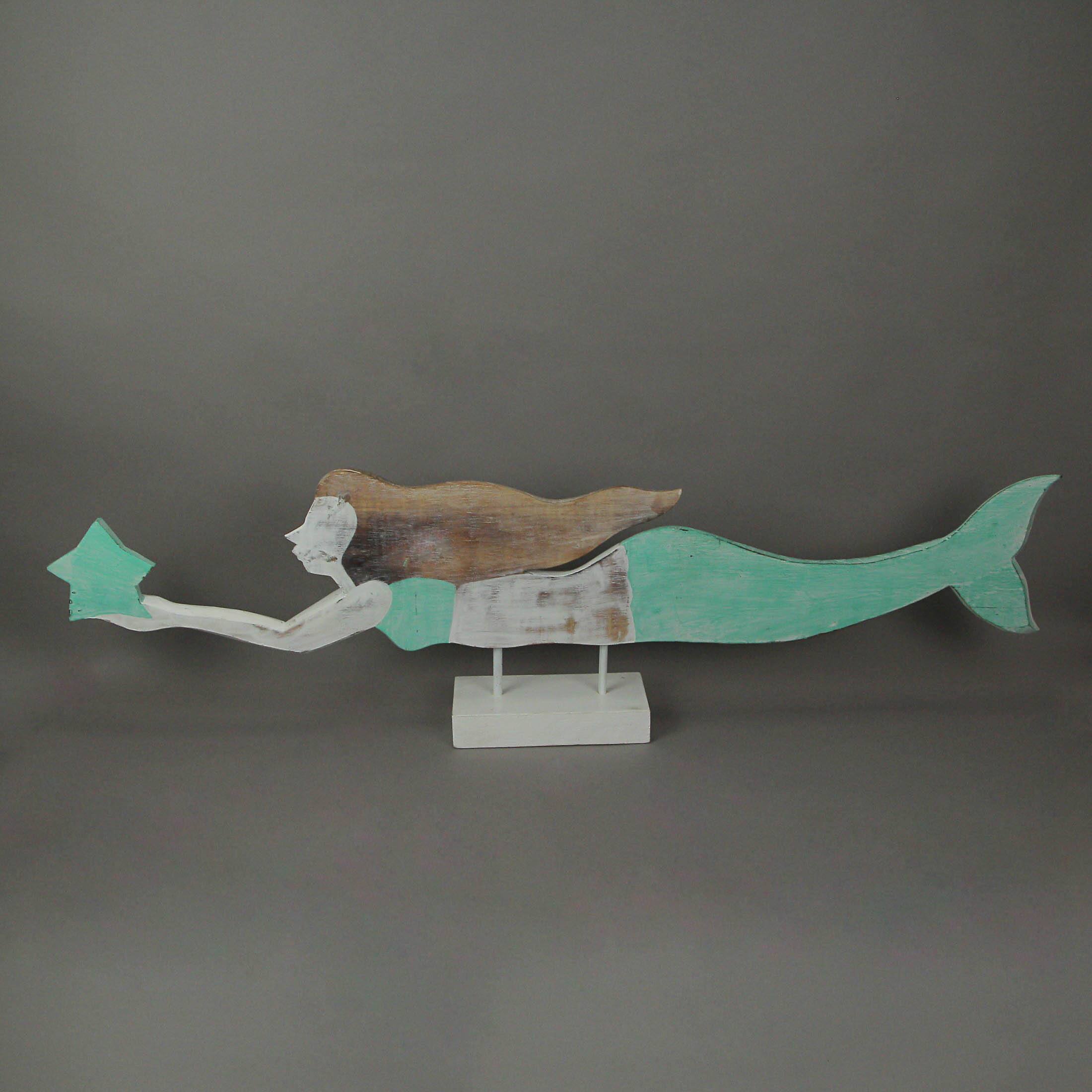 Alt View 2. Fancy That - 39 Inch Wood Carved Mermaid Sculpture Standee Decorative Statue Home Decor Art - Turquoise.