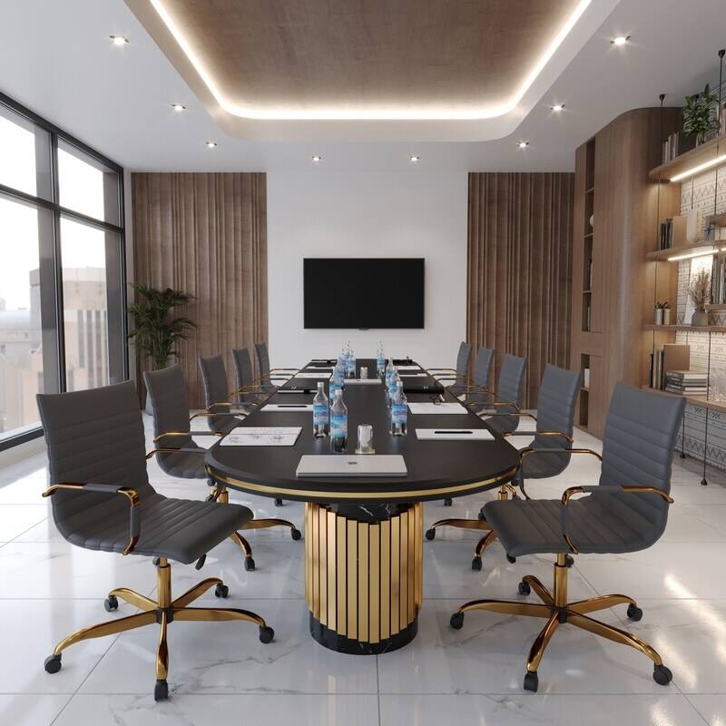 Left. LeisureMod - Harris Mid-Back Office Chair, Leather Upholstery with Gold Metal Frame Modern Armless Desk Chair for Conference Seating - Grey.