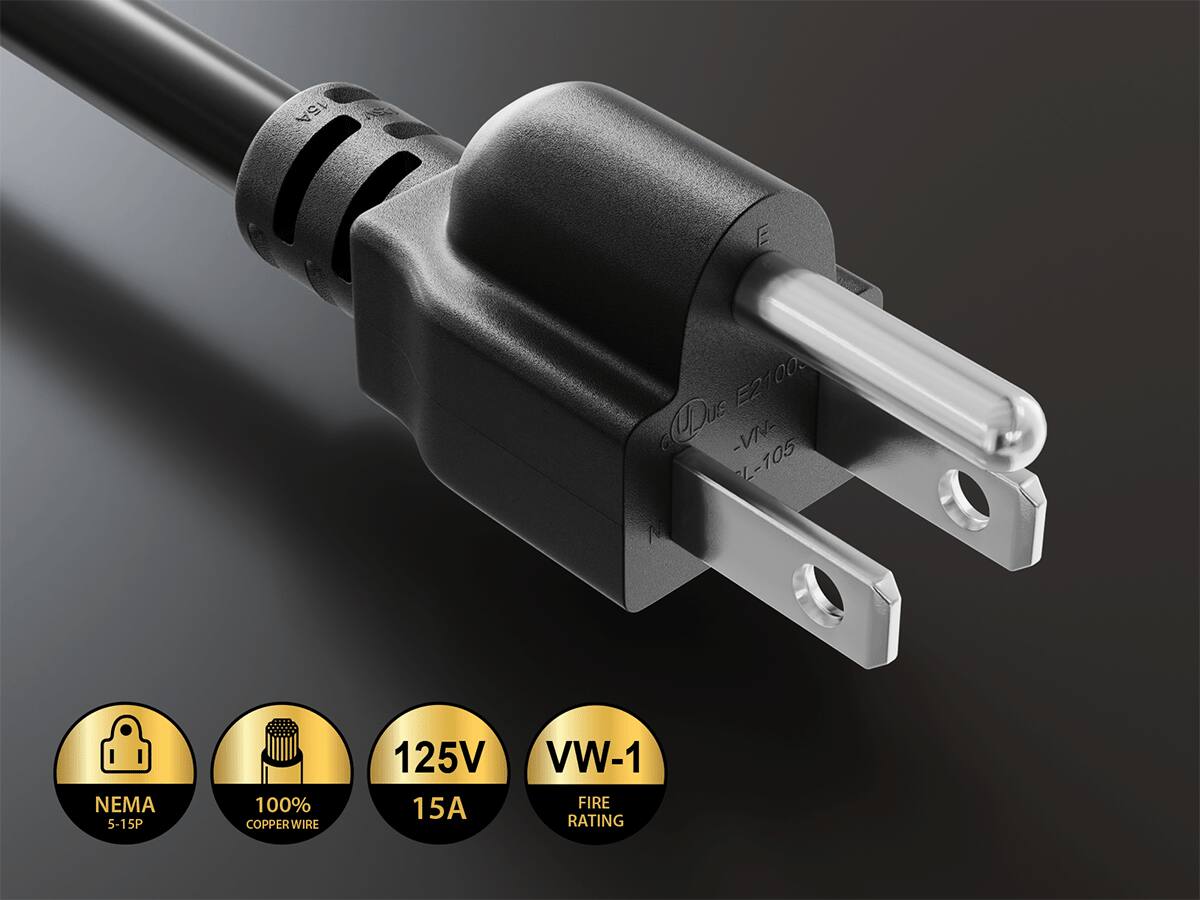 15A  
E  
E2100 e Dus -VN- L-105 N  
NEMA 5-15P  
100% COPPER WIRE  
125V 15A  
VW-1 FIRE RATING