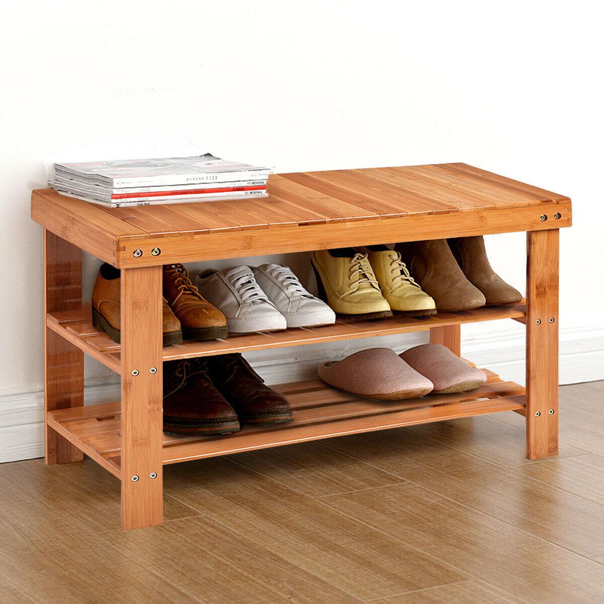 Alt View 11. Costway - 3 Tier Bamboo Shoe Rack Bench Storage Shelf Organizer Entryway Home Furni - Natural.