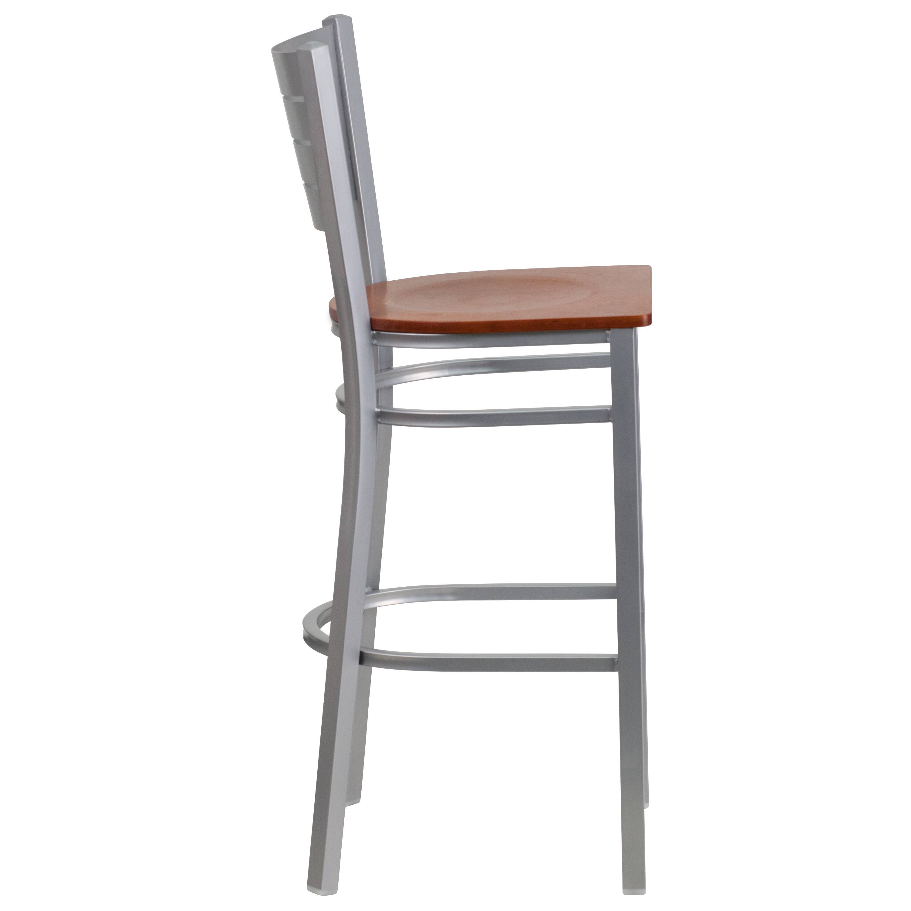 Alt View 3. Emma + Oliver - Silver Slat Back Metal Restaurant Dining Barstool - Cherry Wood Seat/Silver Frame.