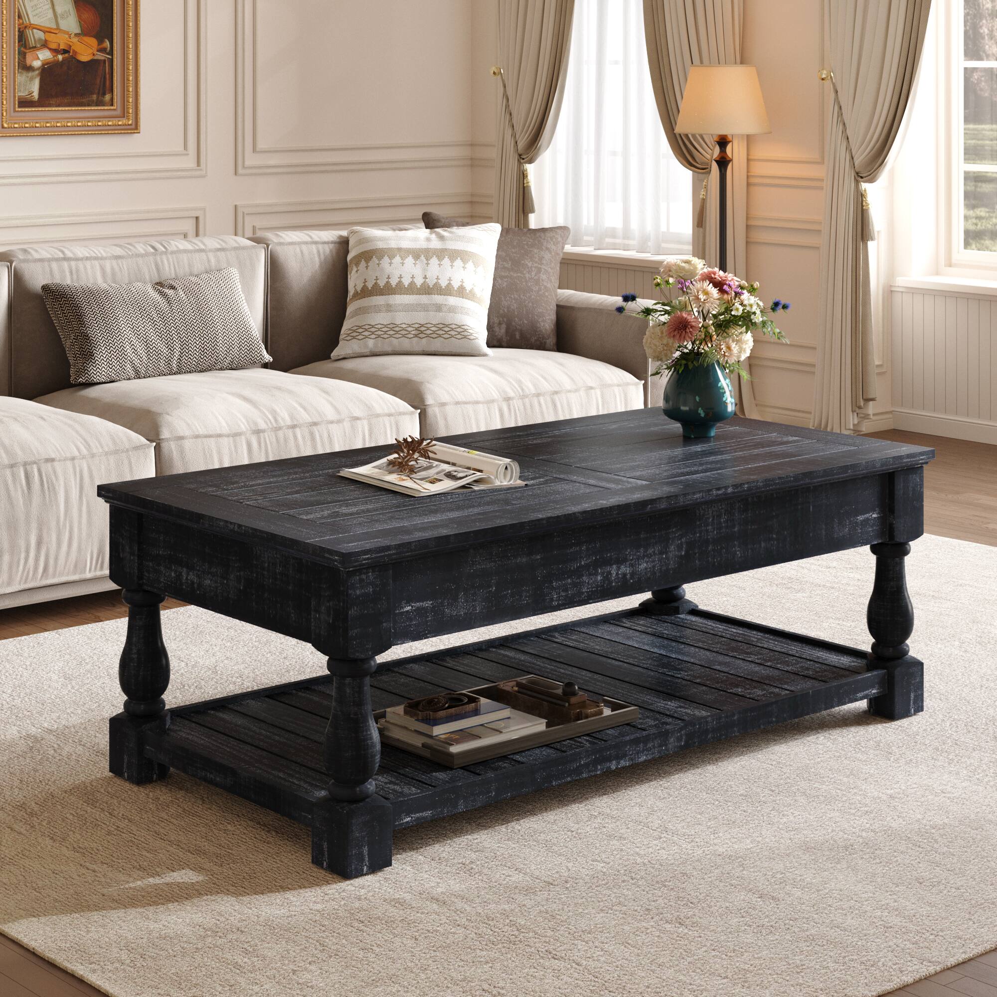 Left. TinyHomie - Farmhouse Lift Top Coffee Table Fixed Shelf 3 Storage Trays Weathered Black Two Tier - Brown.