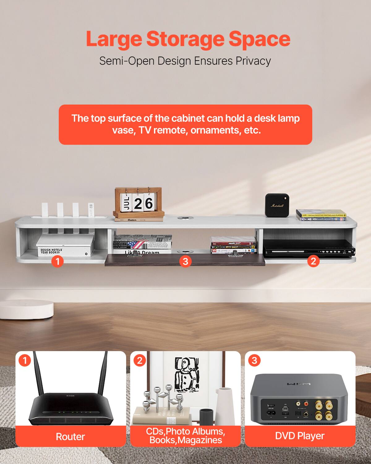 Large Storage Space  
Semi-Open Design Ensures Privacy  

The top surface of the cabinet can hold a desk lamp, vase, TV remote, ornaments, etc.  

1. Router  
2. CDs, Photo Albums, Books, Magazines  
3. DVD Player