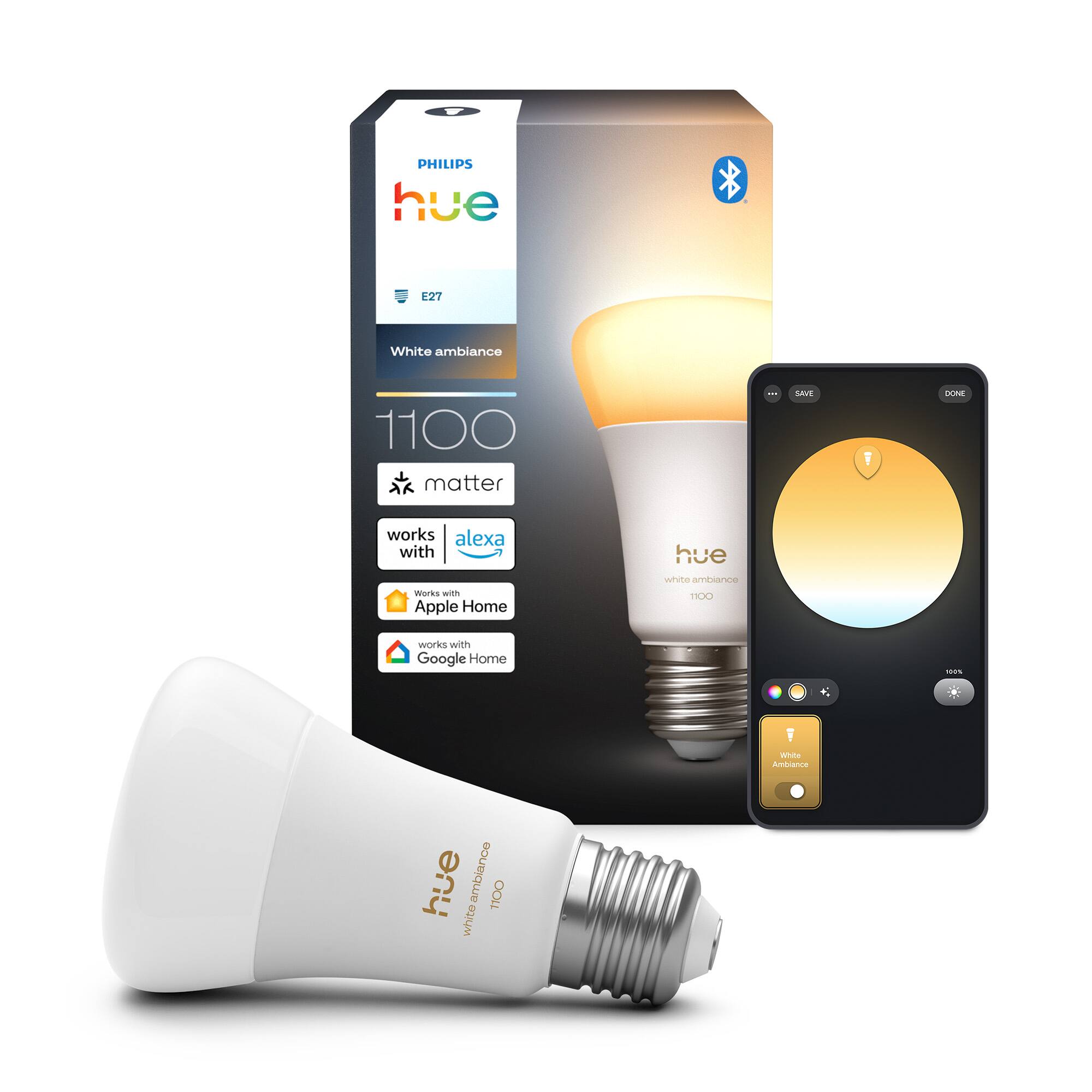 1. PHILIPS hue  
   27 White ambiance  
   1100  
   matter  
   works with Alexa  
   works with Apple Home  
   works with Google Home  

2. White ambiance  
   1100  
   works with Alexa  
   works with Apple Home  
   works with Google Home  

3. White ambiance  
   1100