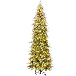 Gymax - 9 FT Pre-Lit Artificial Christmas Tree Snow Flocked Hinged Xmas Tree - Green, White