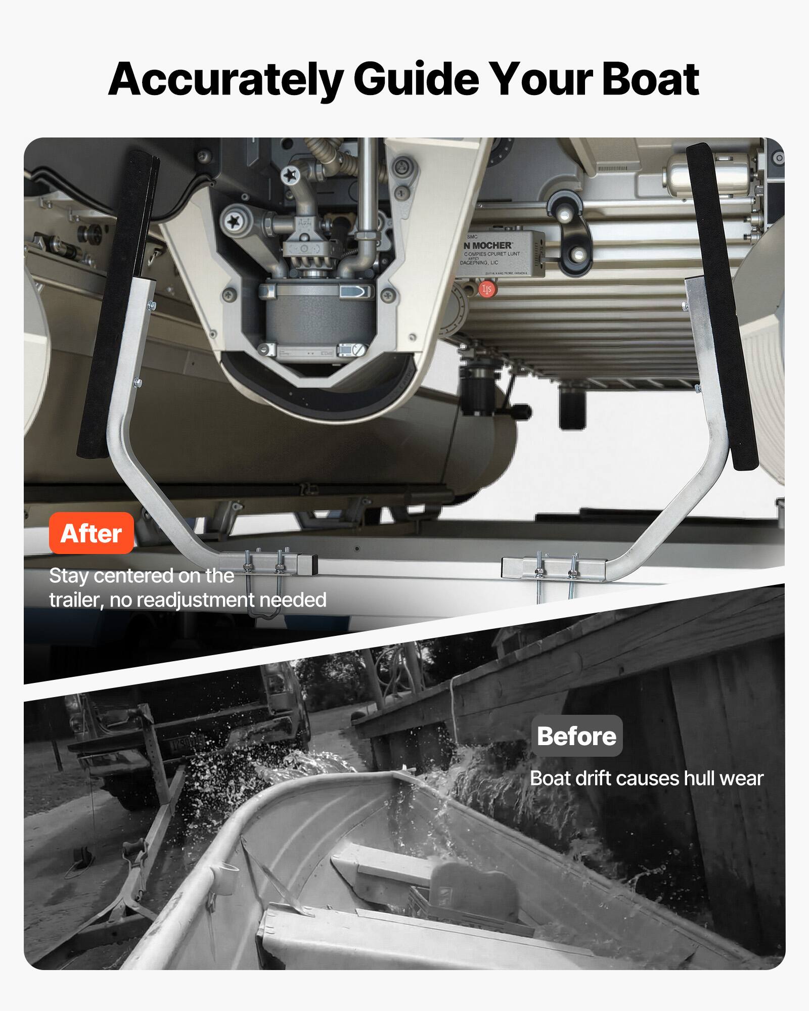 Accurately Guide Your Boat

After
Stay centered on the trailer, no readjustment needed

Before
Boat drift causes hull wear